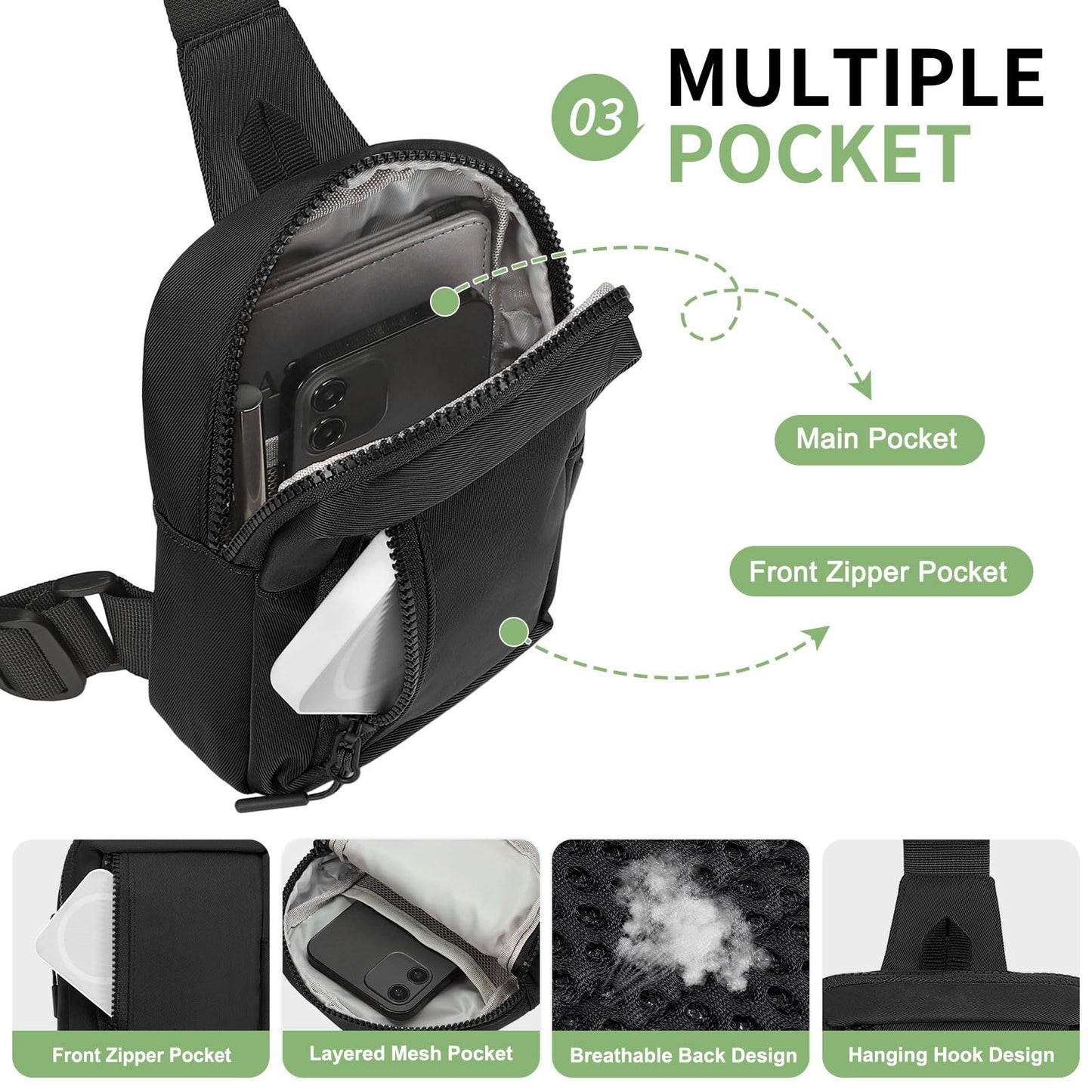 SUIKIHUM Mini Sling Bag for Men and Women, 7.5 Inch Small Anti Theft Crossbody Sling Backpack Nylon Chest Bag Fanny Pack for Travel Running Hiking (Black)