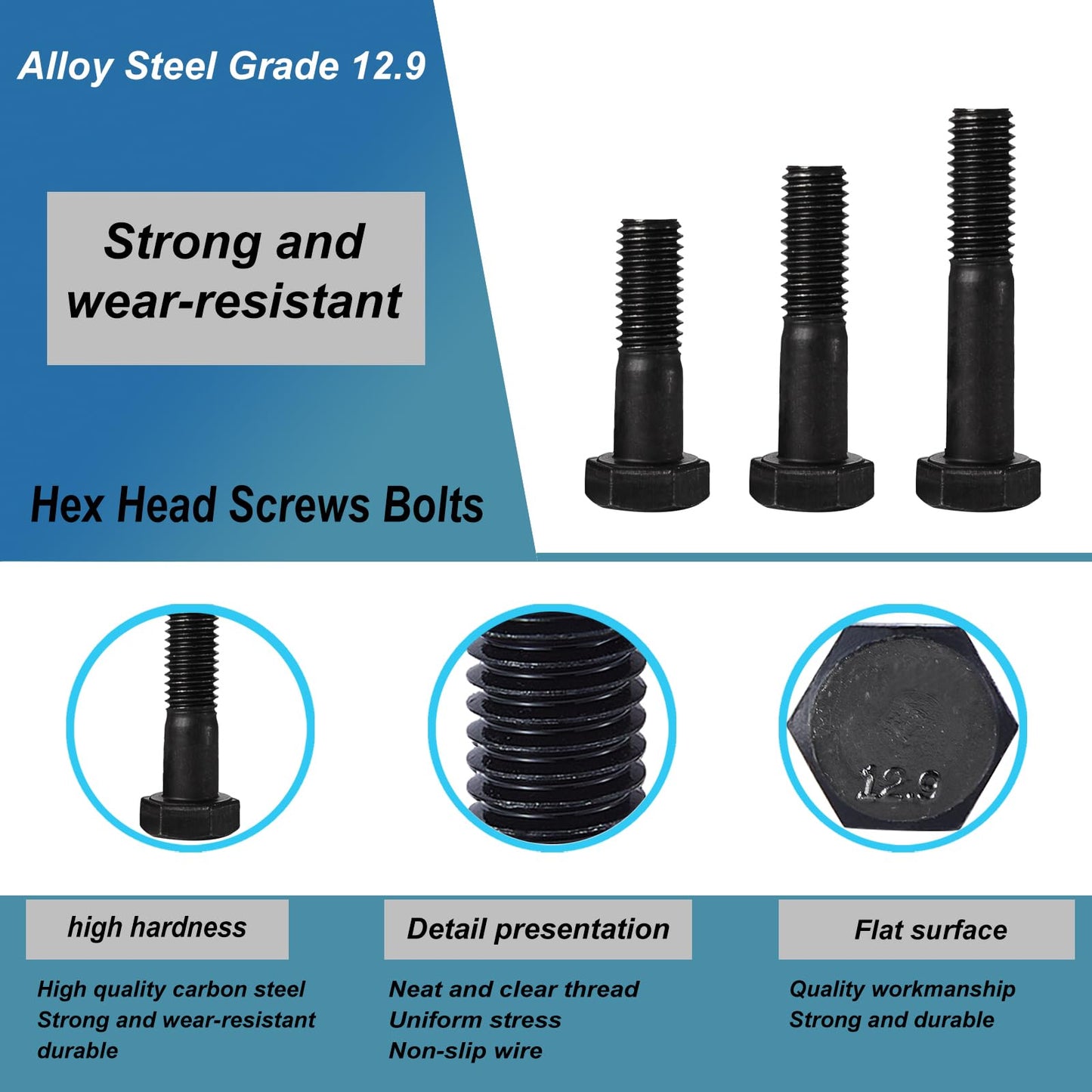 Joamang M8 x 100mm 8Pcs Hex Head Bolts, M8 x 1.25 Bolts, Hexagon Head Screws, 12.9 Grade Alloy Steel, Black Oxide Finish, Metric Machine Threaded, Half Thread