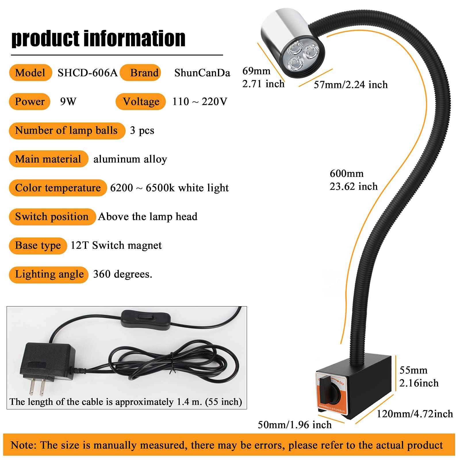 12T Magnetic Work Light, IP65 Water Proof Led Machine Light, 23in Flexible Gooseneck lamp with Strong Magnetic Base for Lathe Milling Drill Press Industrial Lighting 120V