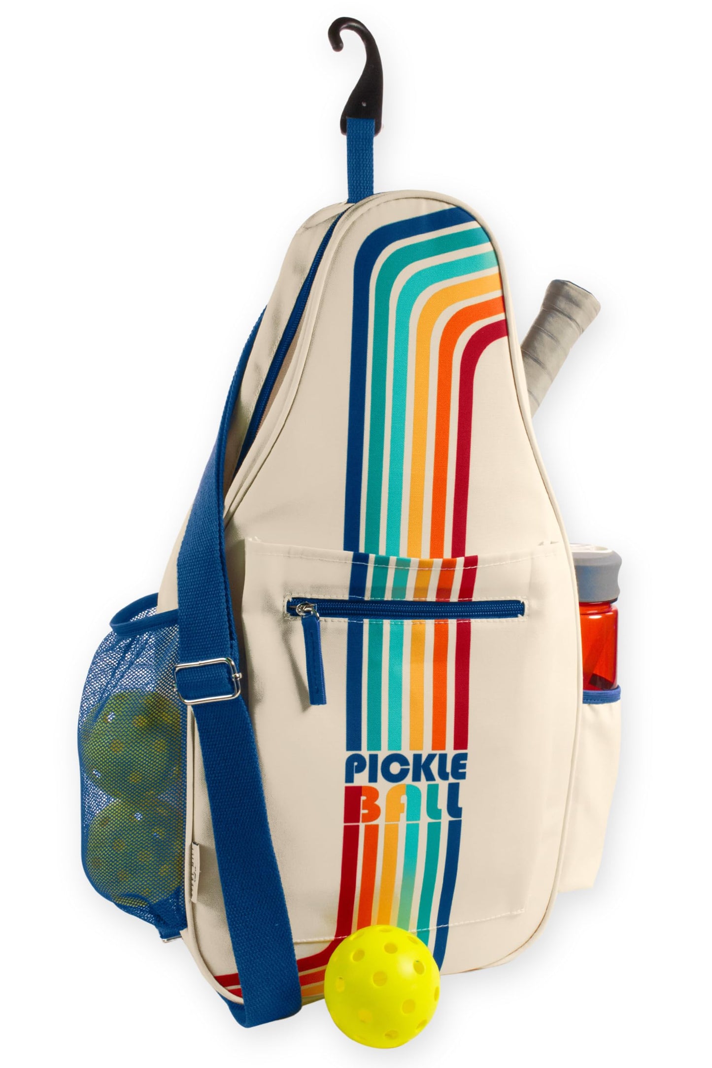 STEEL MILL AND CO. Pickleball Bags for Ladies and Men, Unisex Pickleball Bag Holds 4 Pickleball Paddles, Adjustable Sling Bag with Fence Hook and Water Bottle Holder, Retro Stripe