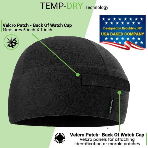 Temple Tape Tactical Beanie Hat - Front & Back Patch Panel - Multi Season Military Hats for Men - Mens Patch Army Beanies - Black - One Size
