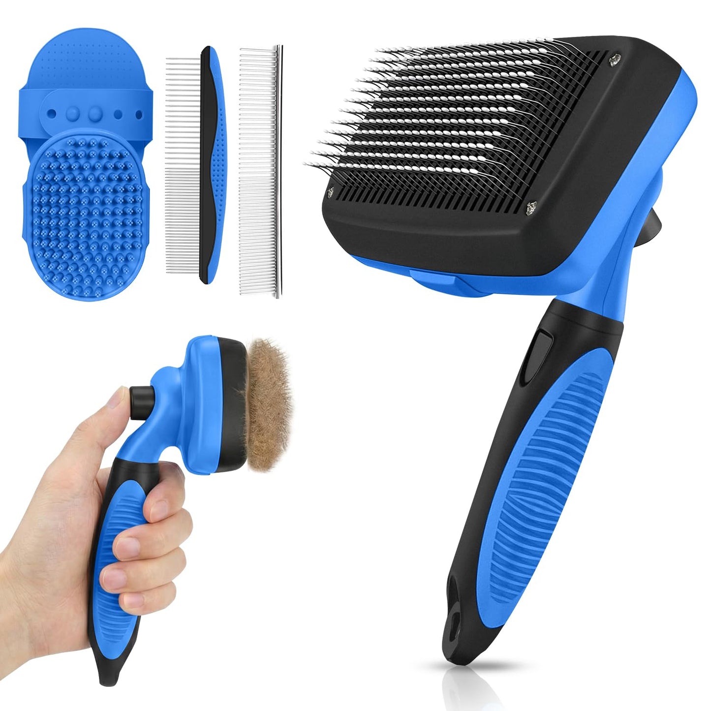 Skiennix Self-Cleaning Shedding Brush - 5-in-1 Professional Grooming Kit for Dogs & Cats | Skin-Friendly, Blue