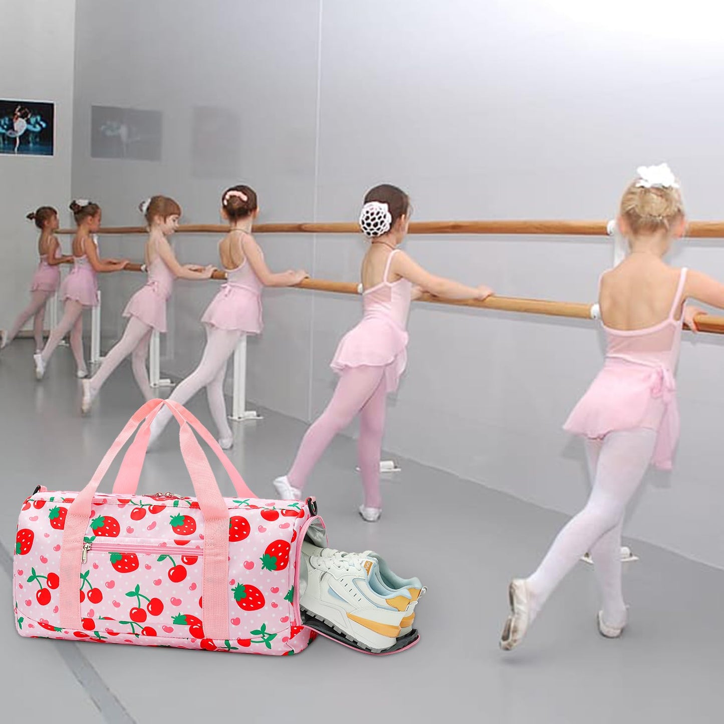 Duffle Bag for Girls Kids Overnight Bags Cute Strawberry Cherry Dance Sports Bag Travel Tote with Shoe Compartment and Wet Pocket