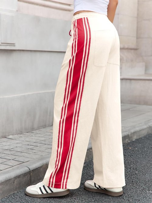 Fisoew Wide Leg Pants - High Waisted Striped Palazzo with Drawstring & Pockets | Comfortable Fit