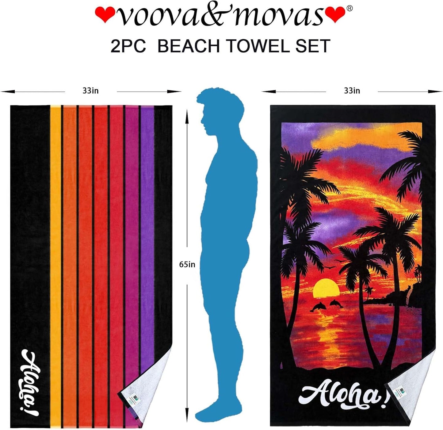 VOOVA & MOVAS Beach Towels - 100% Cotton, Soft & Absorbent | Lightweight 33" x 65" Pool Towels Set in Palm Sunset & Stripe