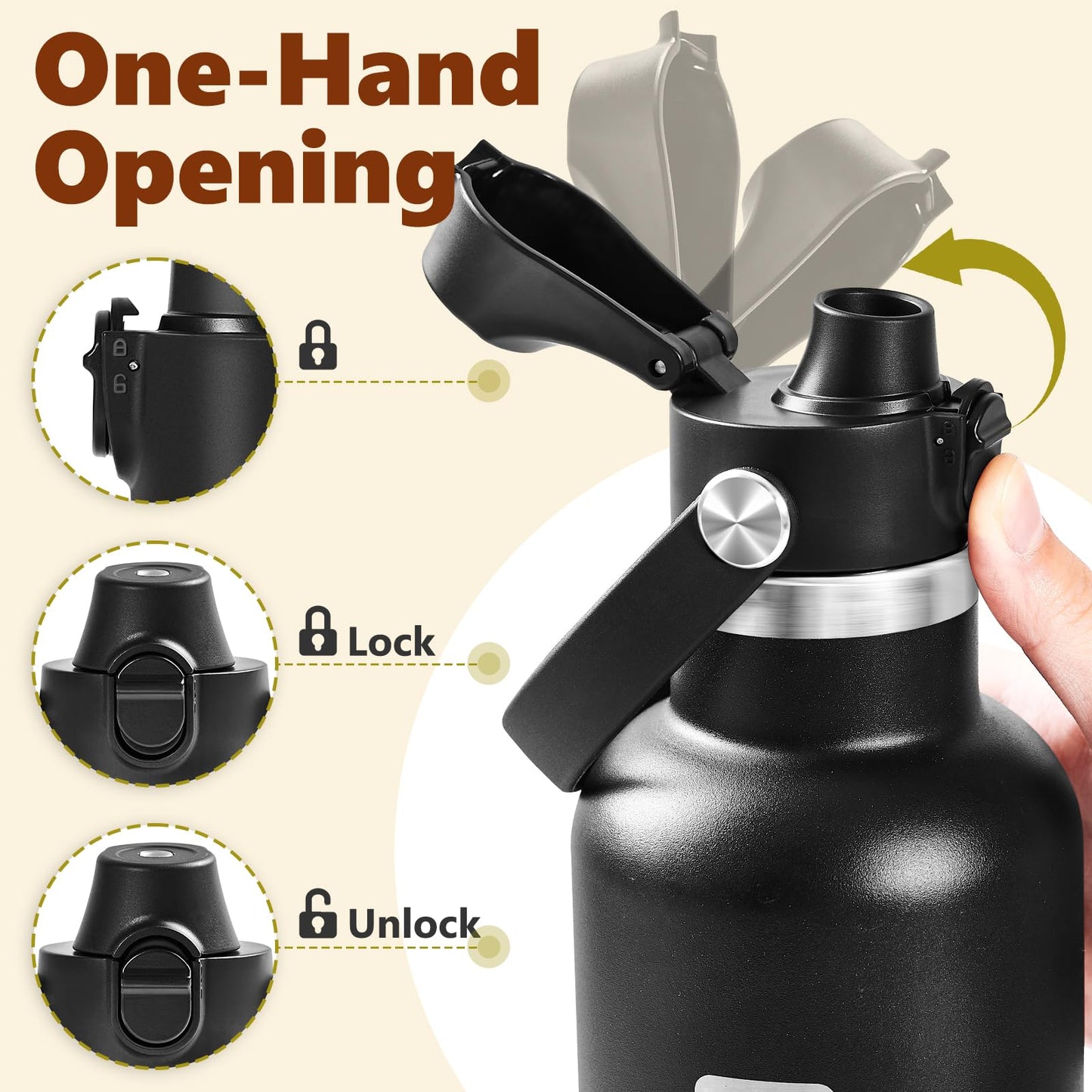 Auto Flip Lid for Hydro Flask Standard Mouth Bottle, Spout lid for HydroFlask Narrow Mouth Bottle, Replacement Lid with Button Lock, Black 2 PCS
