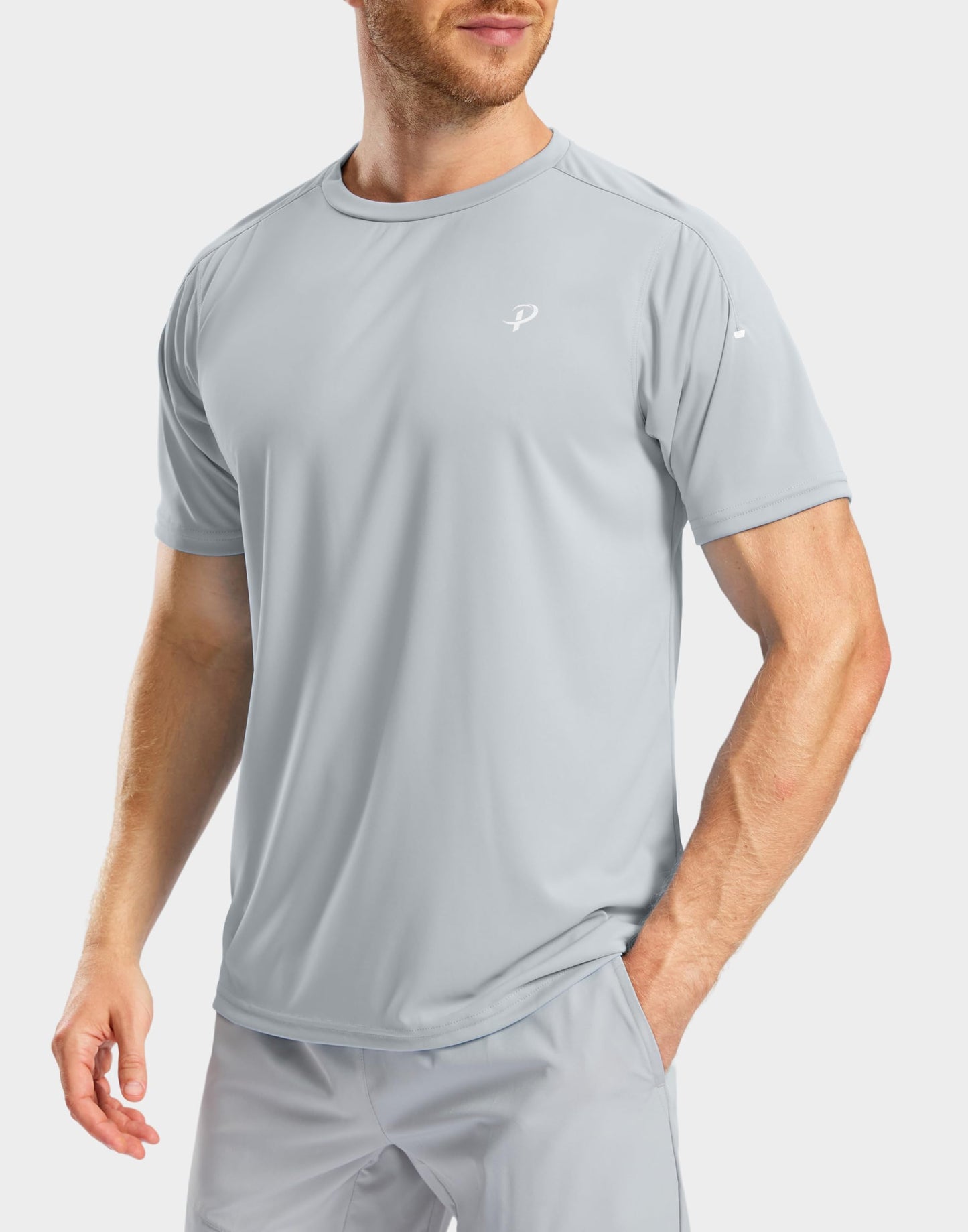 Pudolla Men's Workout Running T-Shirts Lightweight Quick Dry Athletic Gym Shirts for Men Short Sleeve Sport Tee Tops(Light Grey Large)