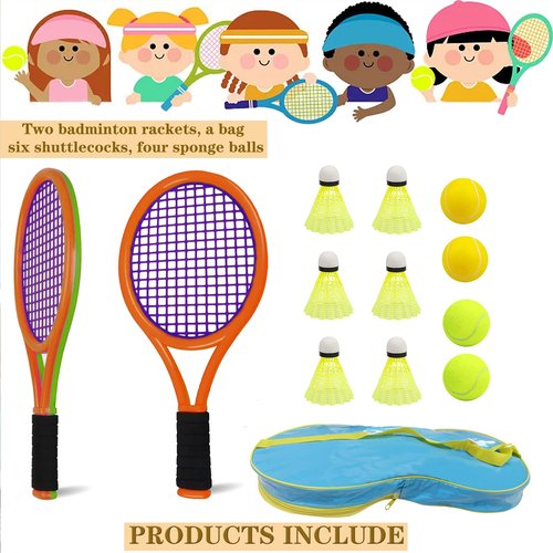 Nileatry Kid Tennis Racket with Bag,Plastic Racquet Include 2 Foam Ball,2 Tennis Ball,4 Badminton for Children,Toddler Outdoor/Indoor Sport Play (Dark Orange&Green)