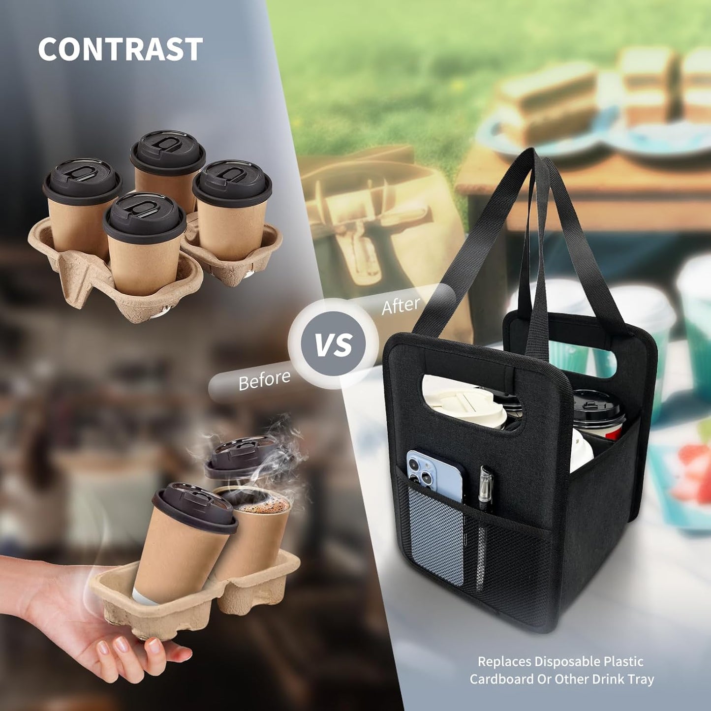 Skiennix Reusable 4-Cup Drink Carrier - Insulated Caddy with Adjustable Dividers | Foldable Coffee Holder (Black)