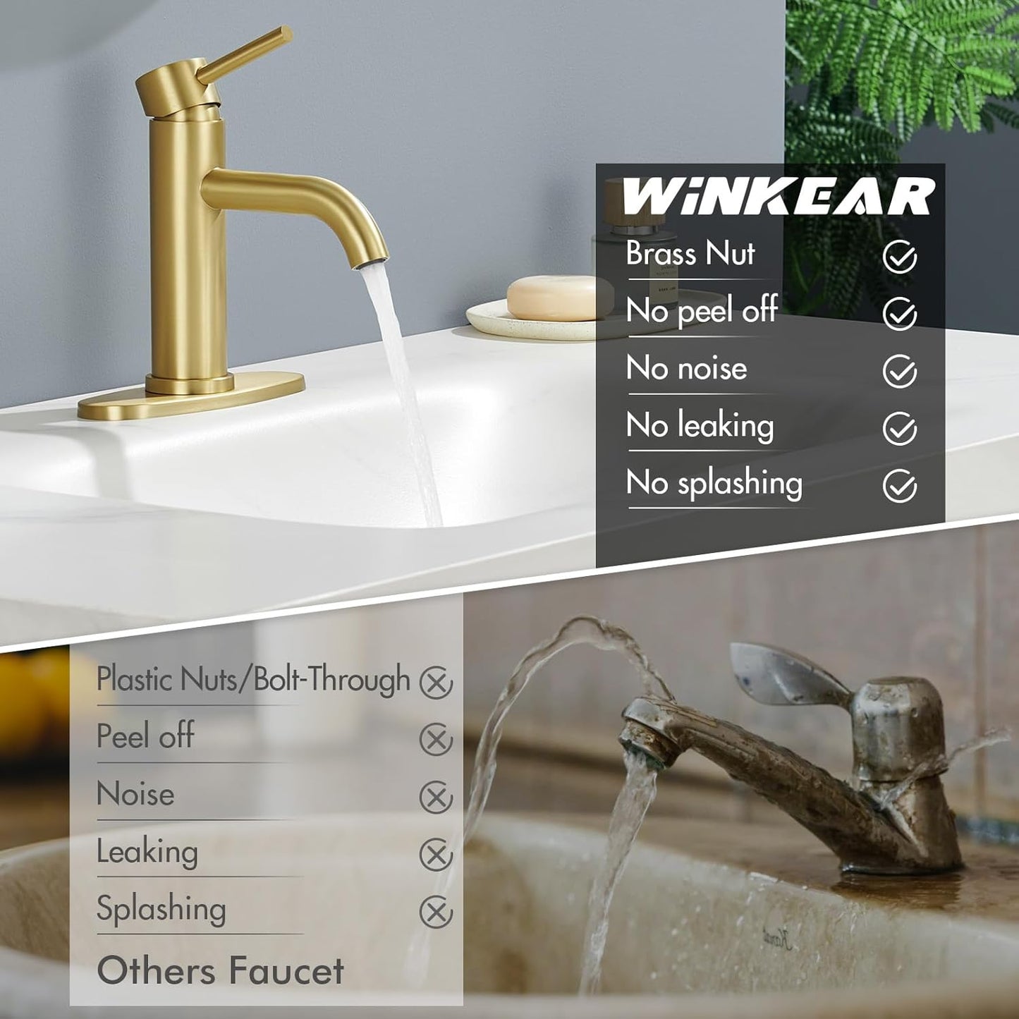 WINKEAR Gold Bathroom Faucet - Modern Single Hole Sink Faucet with Pop-up Drain & Flexible Hoses