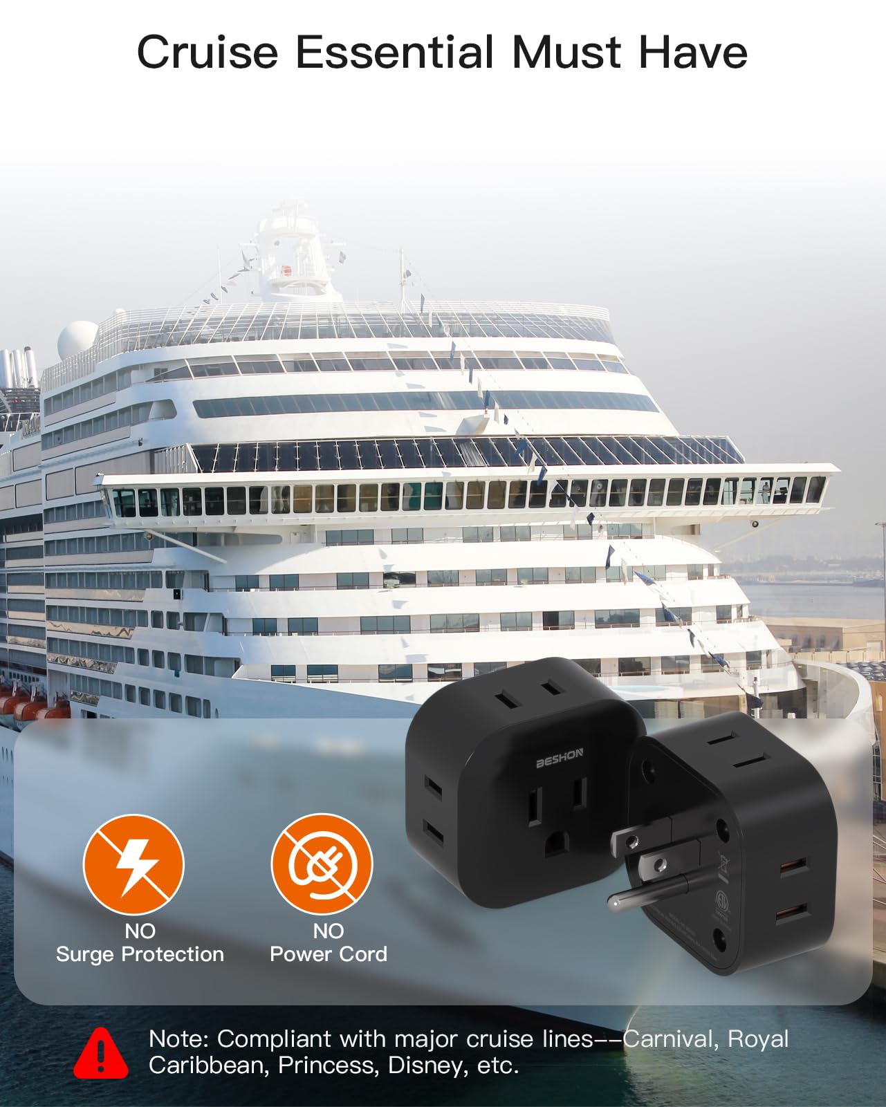 Black Multi Plug Outlet Extender 2 Pack, Wall Outlet Splitter with 5 Wall Outlets, Small Multiple Plug Extender, Cruise Essentials, Plug Adapter No Surge Protector for Cruise Ship Home Office Dorm