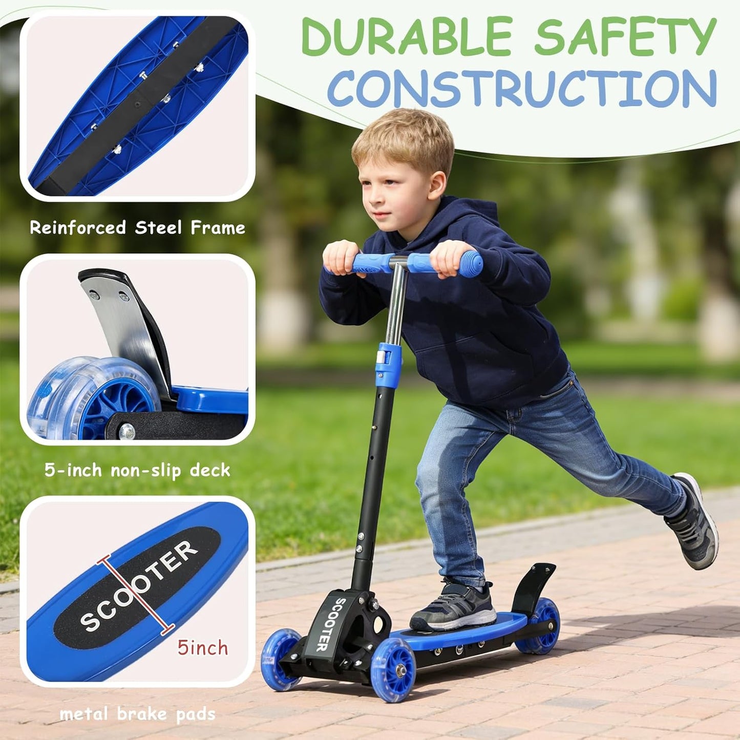 Skiennix Toddler Scooter - 3-Wheel LED Lighted Design | Adjustable Handlebar for Kids 2-7, Blue