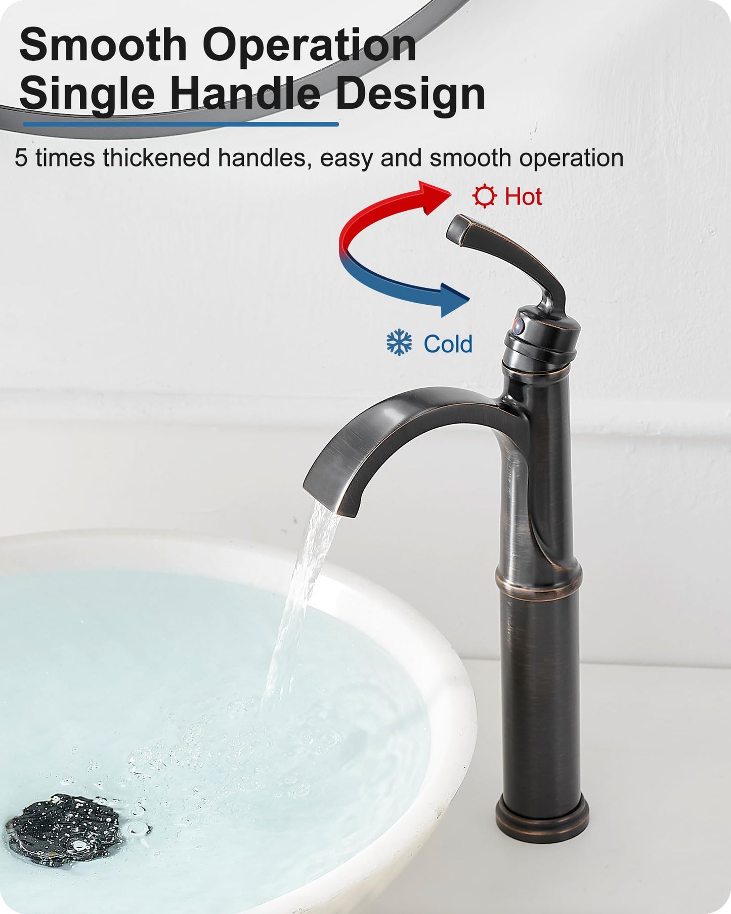 HEYMYTAP Vessel Sink Faucet, Oil Rubbed Bronze Waterfall Bathroom Sink Faucets, Brass Tall Bathroom Faucet Vanity Faucet 1 Hole Restroom Faucet Single Handle with Pop-up Drain Supply Hose