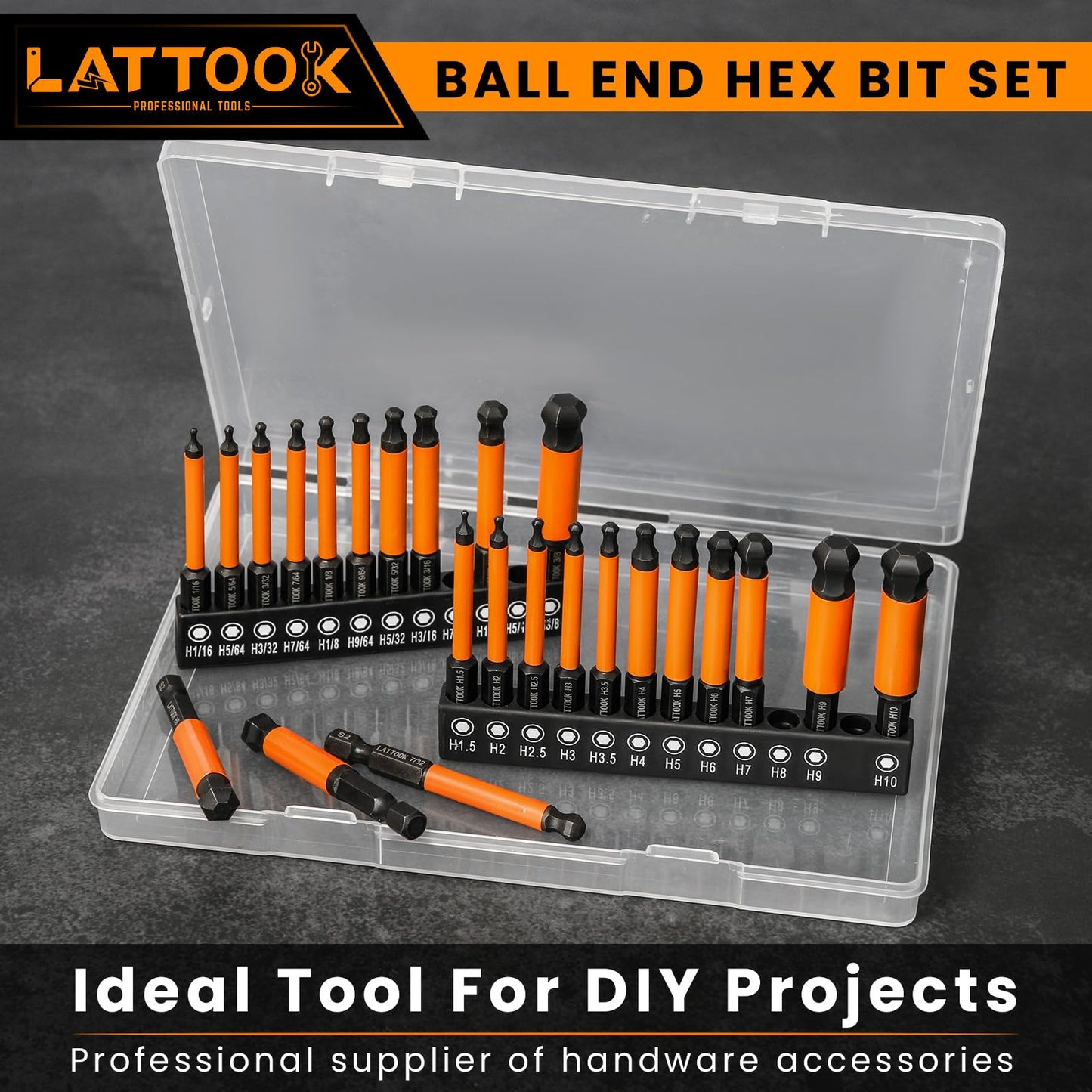 LATTOOK Ball End Hex Head Allen Wrench Drill Bit Set, 24PCS 2.5 Inch Metric & SAE Sizes Ball End Hex Bit Set Allen Key Set Hex Key Set, Magnetic Tipped, S2 Steel