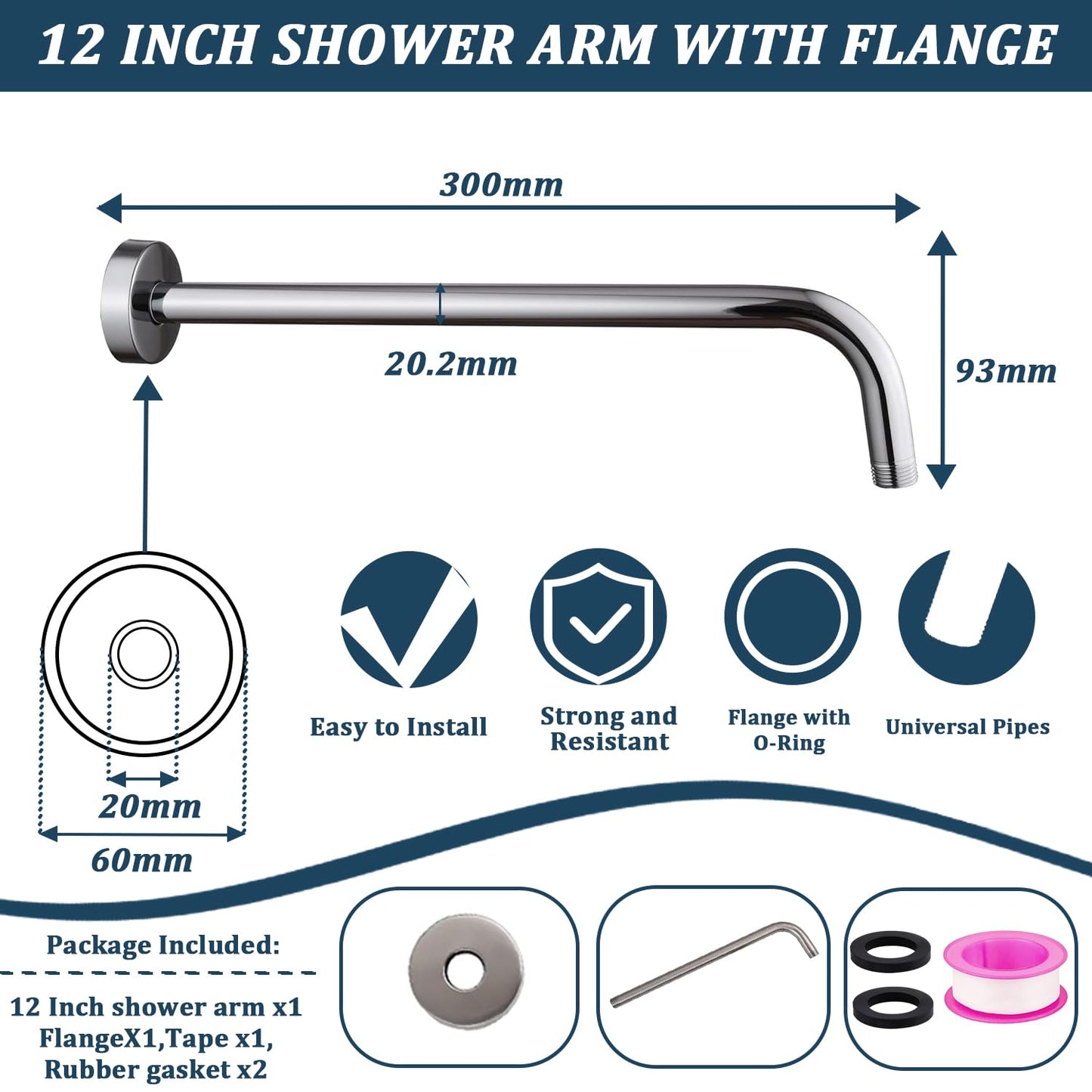 Shower Arm with Flange, Wall Mounted Shower Extension Arm, Stainless Steel L Shaped Rainfall Shower Arm Extender for Fixed Shower Head & Handheld Showerhead, (12 Inch, Chrome)