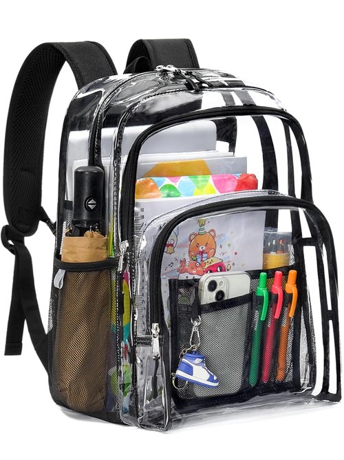 Flowston Double Layer Large Clear Backpack, 17 inch Transparent TPU Clear Bookbag, Heavy Duty See Through Backpack for College, Work, Travel, Casual Sport, Black