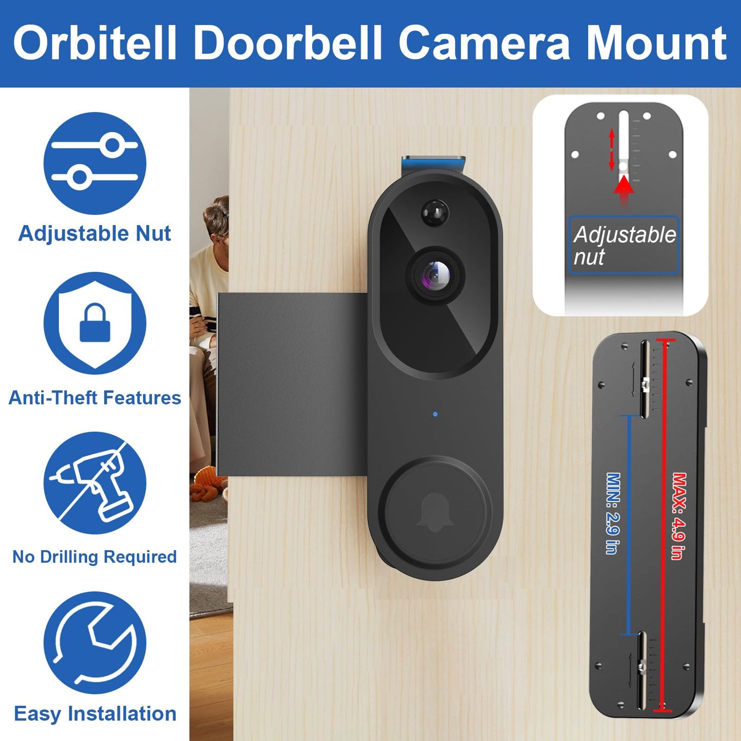 Anti-Theft Doorbell Mount No Drill Compatible with Orbitell Video Doorbell, Adjustable Mounting Bracket Holder Accessories for Apartment Rentals, Enhanced Protection Doorbell Mount Bracket