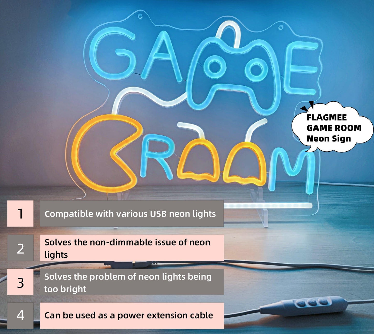 FLAGMEE Neon Light Dimmer Switch USB Adapter for 5V LED Neon Signs - Adjustable Brightness Controller, 1.5M Power Cord, Solve Non-Dimmable Lights