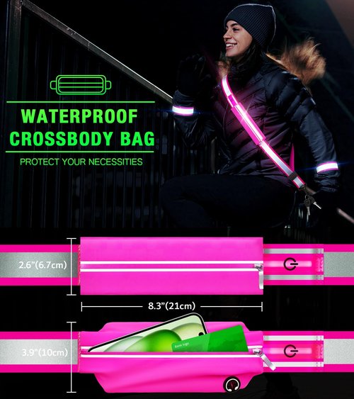LED Belt Reflective Sash for Walking at Night,High Visibility Adjustable Night Running Safety Gear,Light Up Running Belt Reflective Gear with Phone Bag/Armband for Runners Walkers Men Women (Pink)