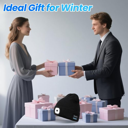 LED Beanie with Light, Unisex Rechargeable Flashlight Beanie Hat with Wireless Headphones, Unique Christmas Birthday Gifts for Men Women Black