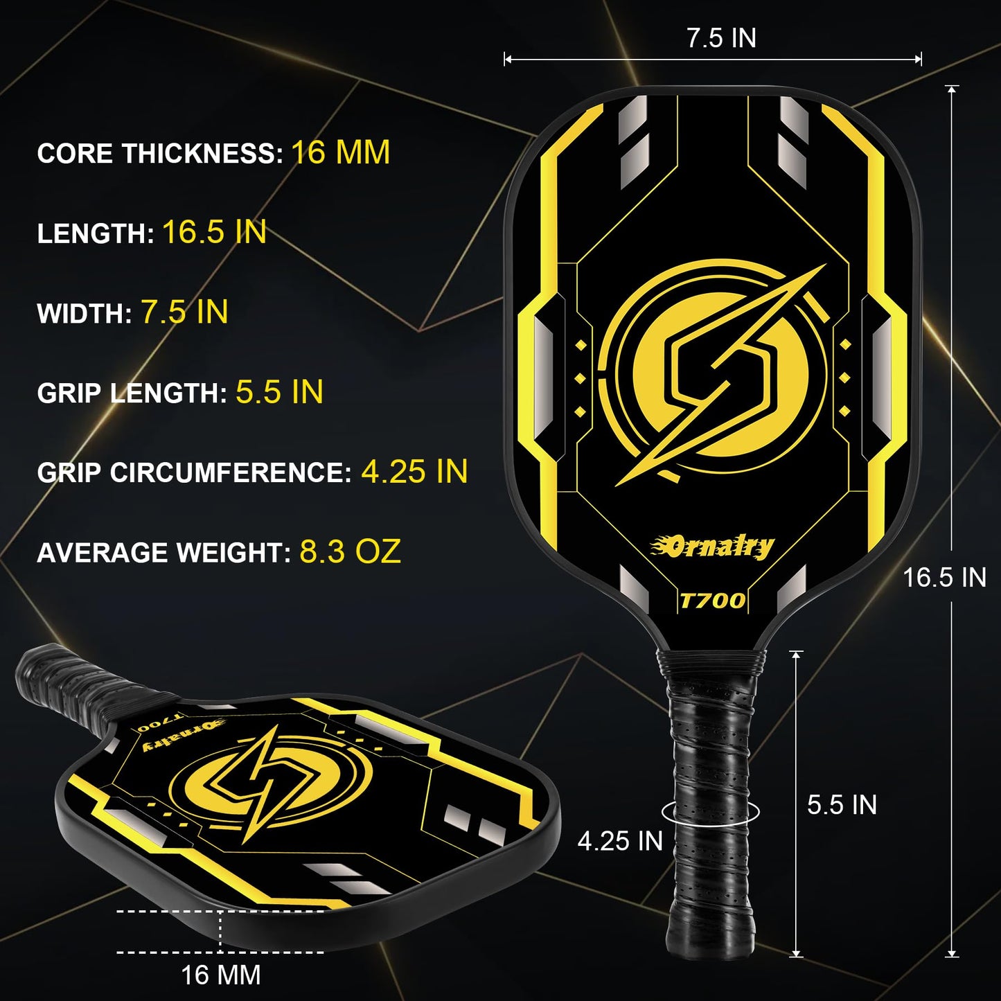 Carbon Fiber Pickleball Paddle: Pickle Paddle Carbon Fiber 16MM Large Sweet Pot High Grit & Spin, 5.5" Long Handle with Anti Sweat Grips Spin & Hybrid Power Paddle for Advanced & Professional