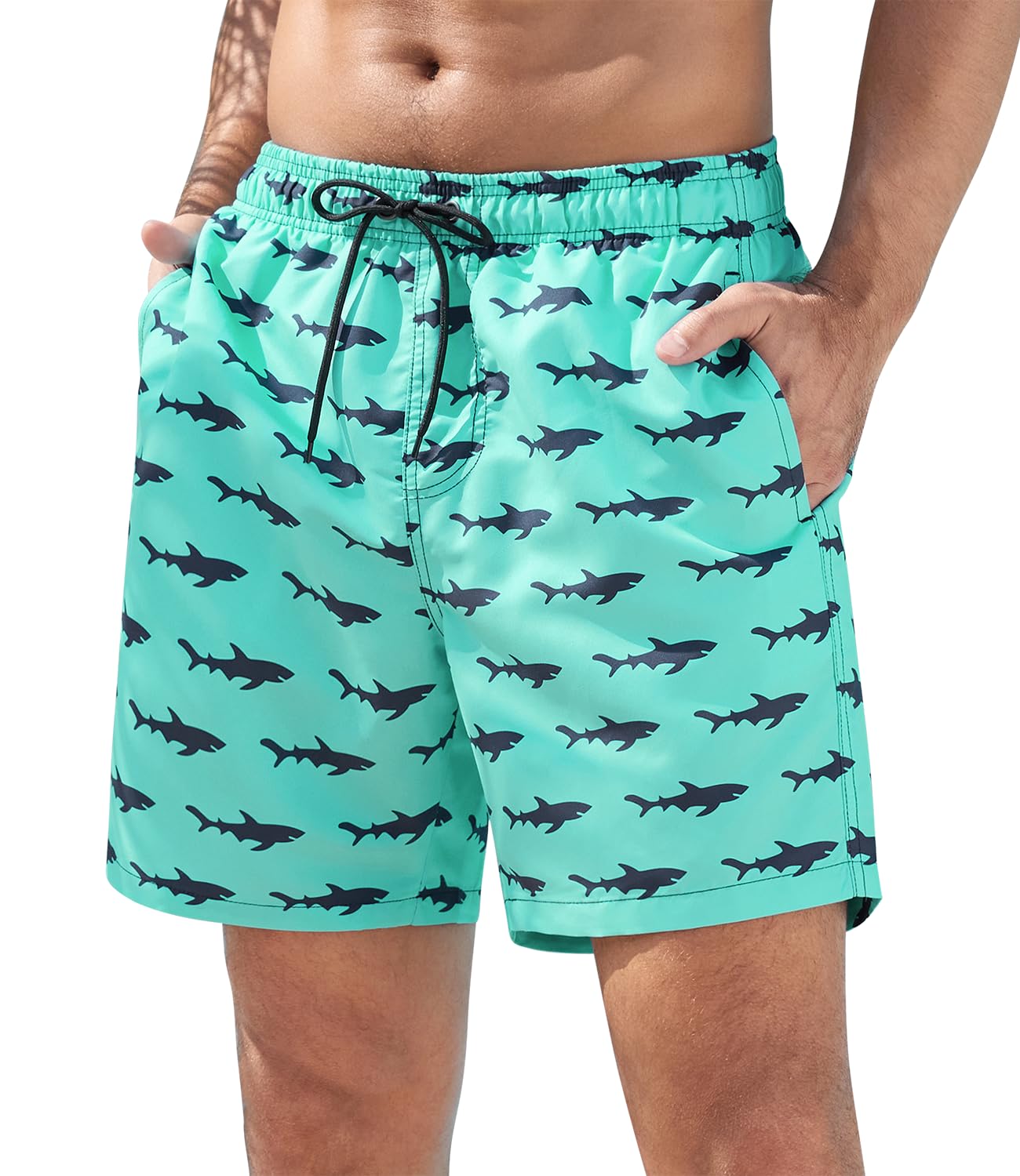 SILKWORLD Mens Swim Trunks Quick Dry Bathing Suits, Blue Shark, M