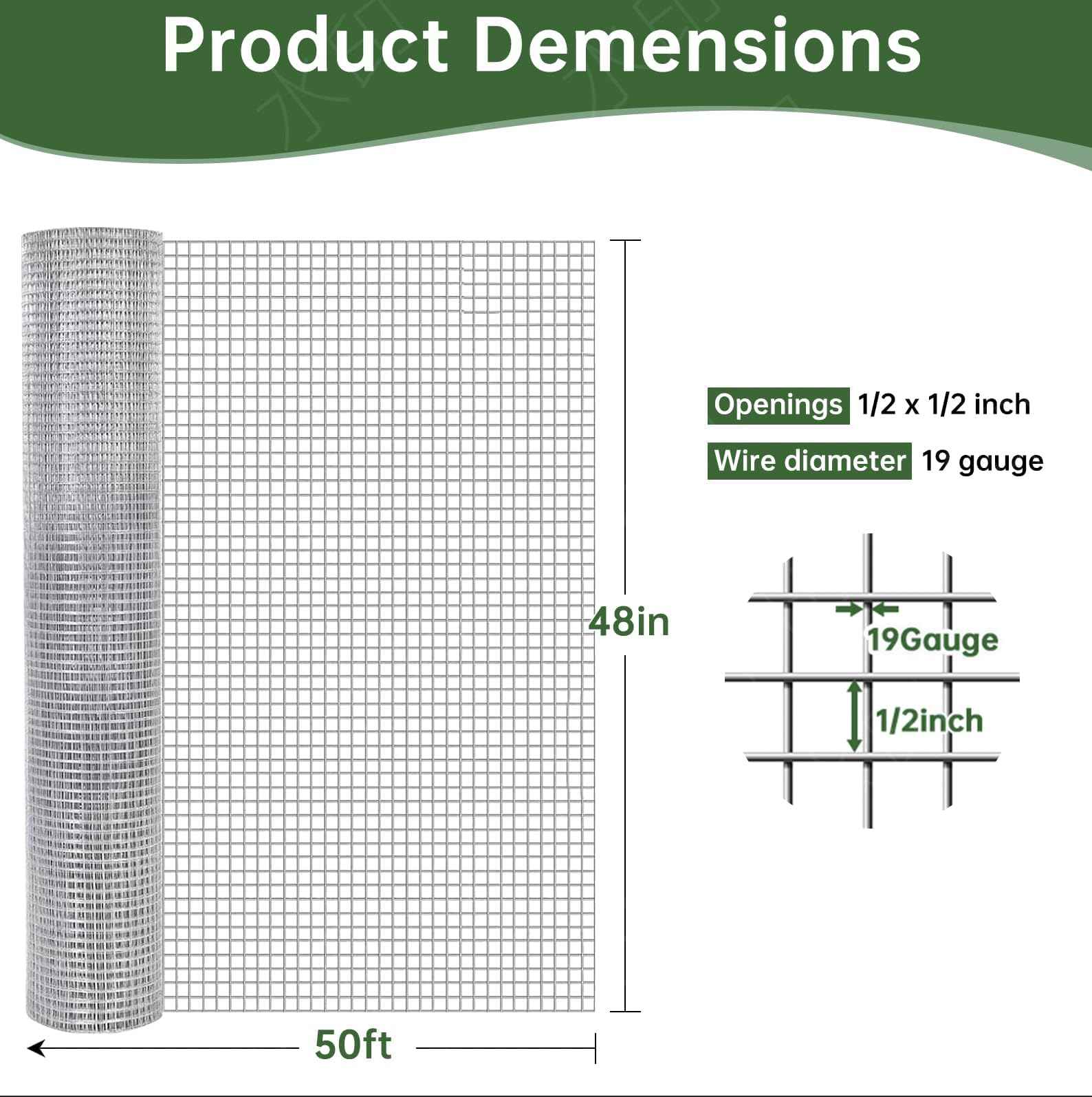 AMAGABELI Garden & Home Hardware Cloth Weld Wire Fence 1/2 inch 48 x 100 ft Galvanized 19 Gauge Chicken Wire Fence Welded Wire Mesh Roll Fencing for Gopher Wire Rabbit Snake Plant Supports Poultry