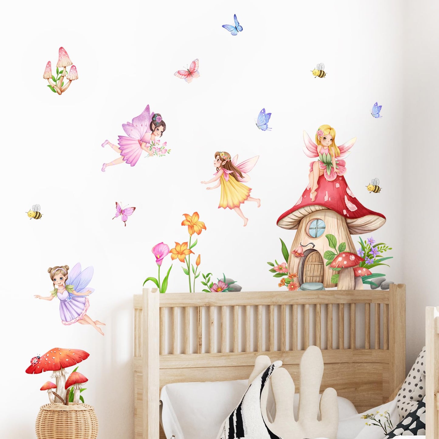 Supzone Mushroom House Fairy Wall Decals Elf Flowers Butterflies Wall Stickers Peel and Stick Vinyl Wall Art Decor for Girls Baby Nursery Bedroom Living Room