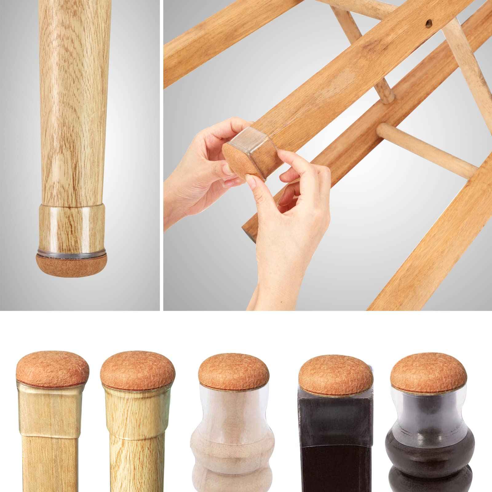 16 Pack Chair Leg Floor Protectors for Hardwood Floors, Round Rubber Furniture Sliders, 360°Felt Pad Bottom Wrapped Thickening Silicone Furniture Legs Caps Covers(Round,Clear-Brown-S)