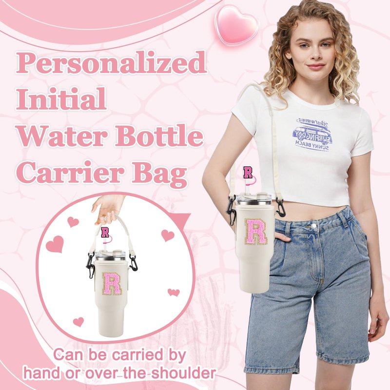 Personalized Initial A-Z Water Bottle Holder Bag for Stanley 40oz Tumbler, Initial Water Bottle Carrier Bag with Strap, 2 Straw Cover Cap &2 Letter Chains for Stanley Cup Accessories(Pink-White E)