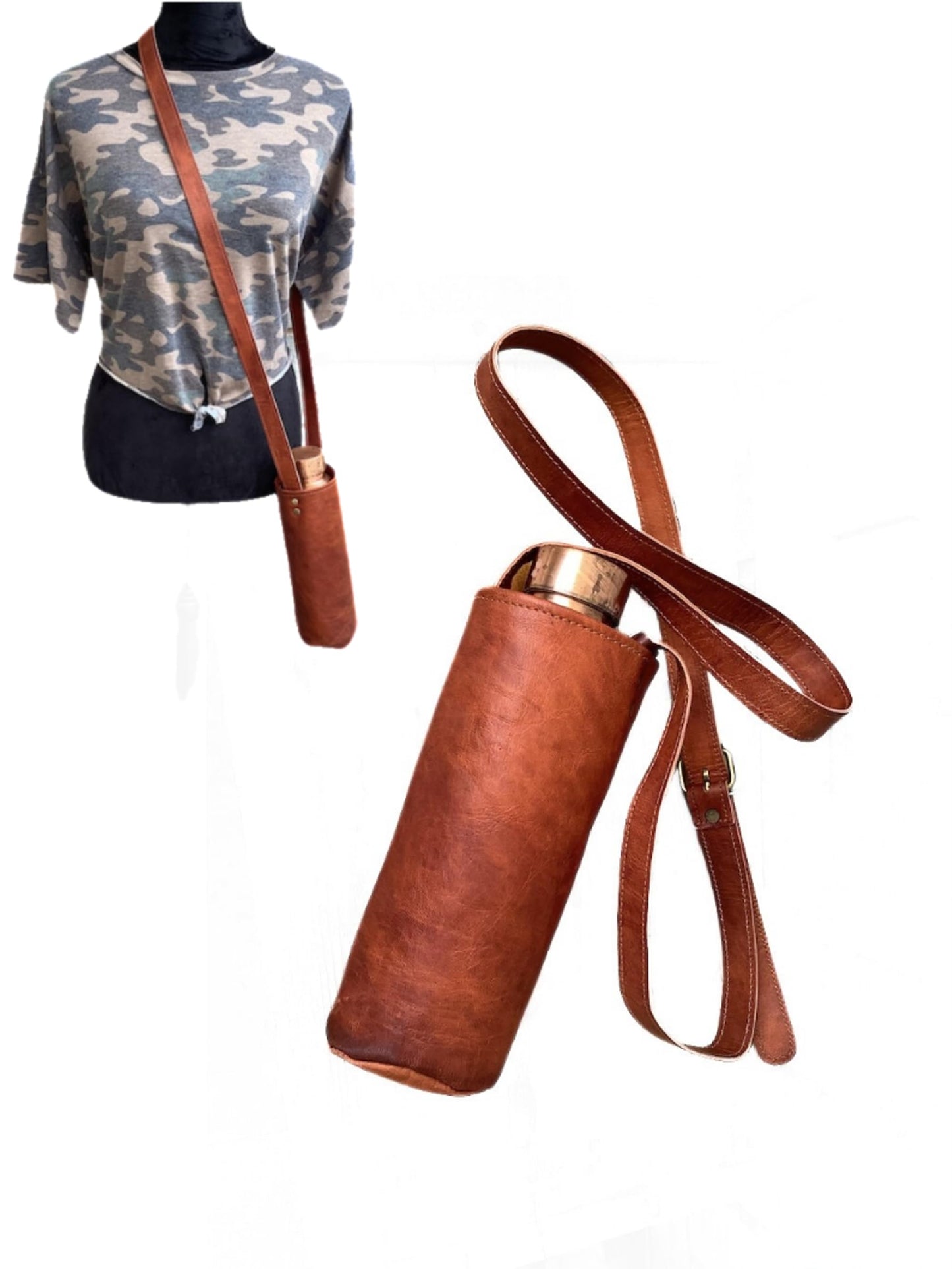 VISHWA CUERO ART Reusable leather wine bottle carrier, unisex water bottle holder, stylish, convenient (brown)