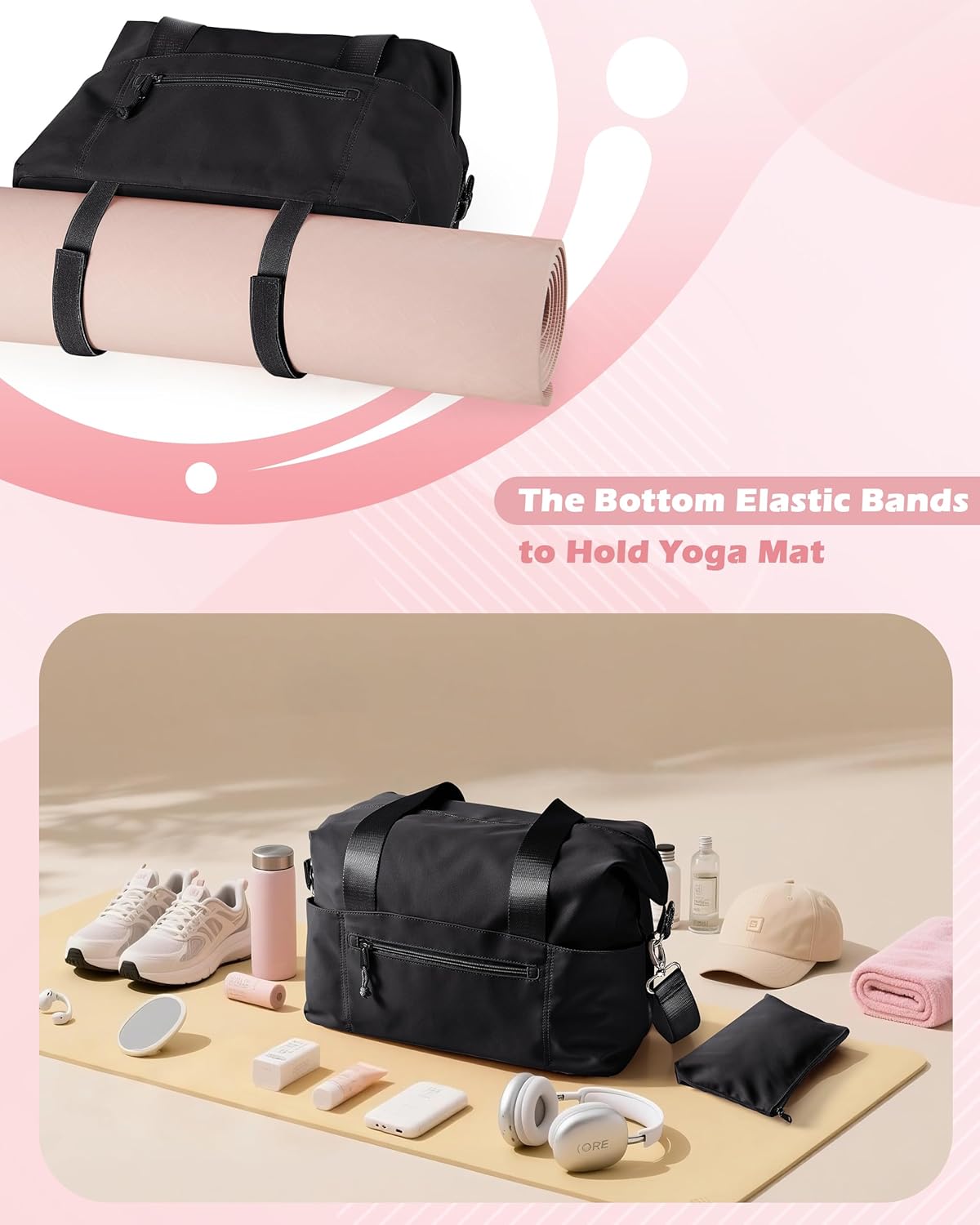 Smasrob Small Gym Bag - Yoga Mat Holder, Wet Pocket & Detachable Crossbody Strap | Black Duffle for Women