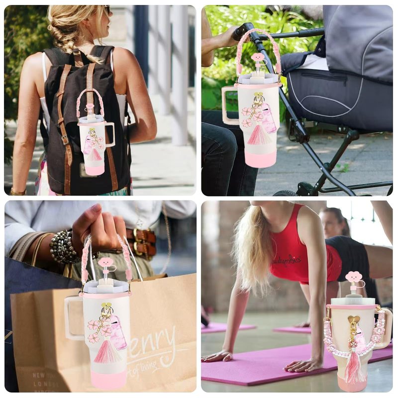 Stanley Cup Accessories 8pcs Set Including Water Bottle Handle Strap,Silicone Cup Boot, Straw Cover,Stanley Charms for 30oz/40oz Tumbler (Pink)