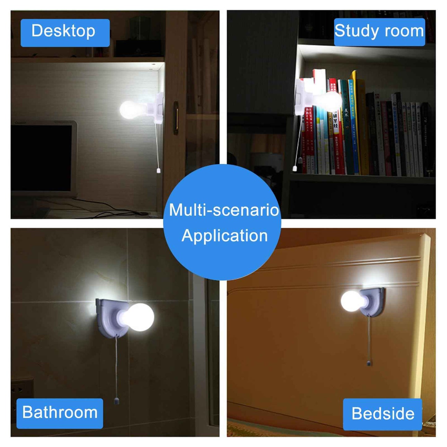 Shuwea 2 Pack Battery Operated Light Bulb, Stick-Up Battery Powered Wireless LED Closet Light Bulb, Self Adhesive Wall Mounted Light Fixture with Pull Chain for Cabinet Bedroom Living Room Kitchen