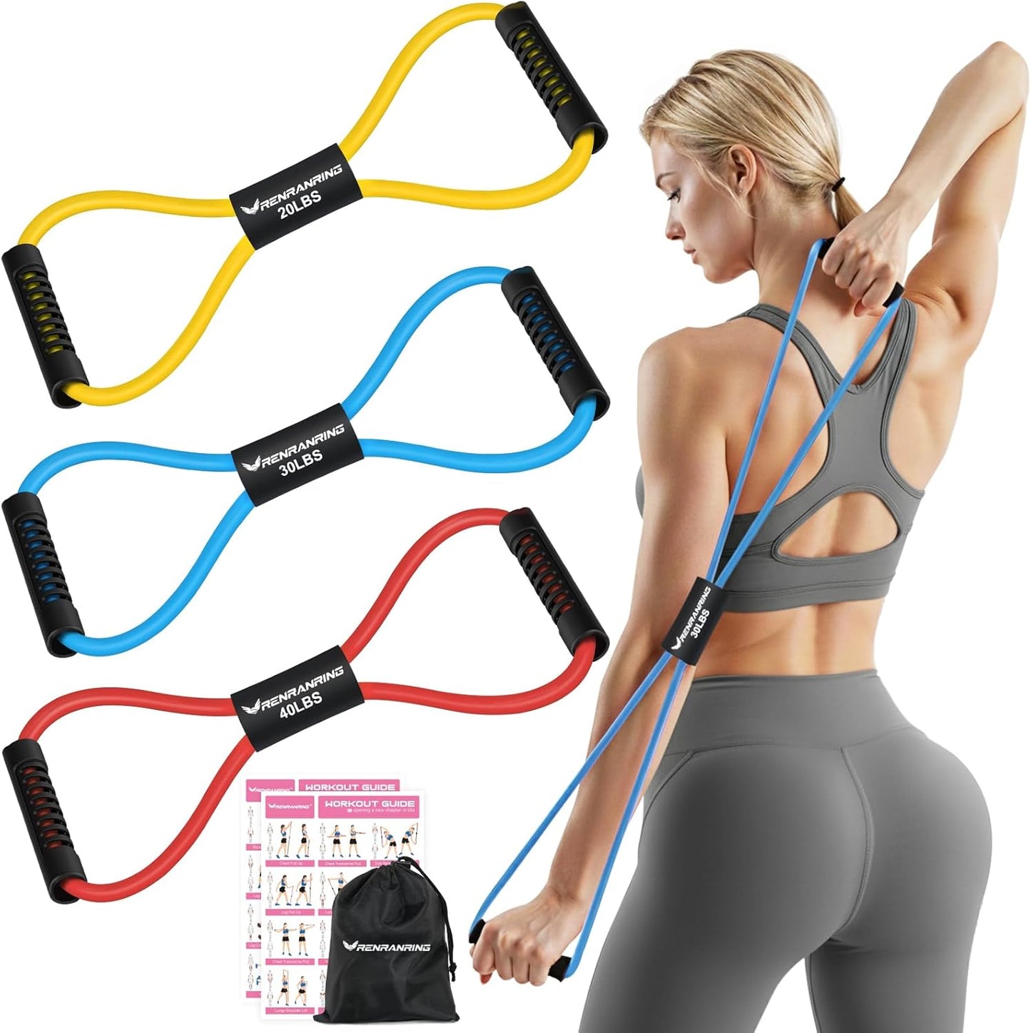 RENRANRING Figure 8 Resistance Bands - Set of 3 Fitness Tubes with Handles for Arm & Shoulder Stretch