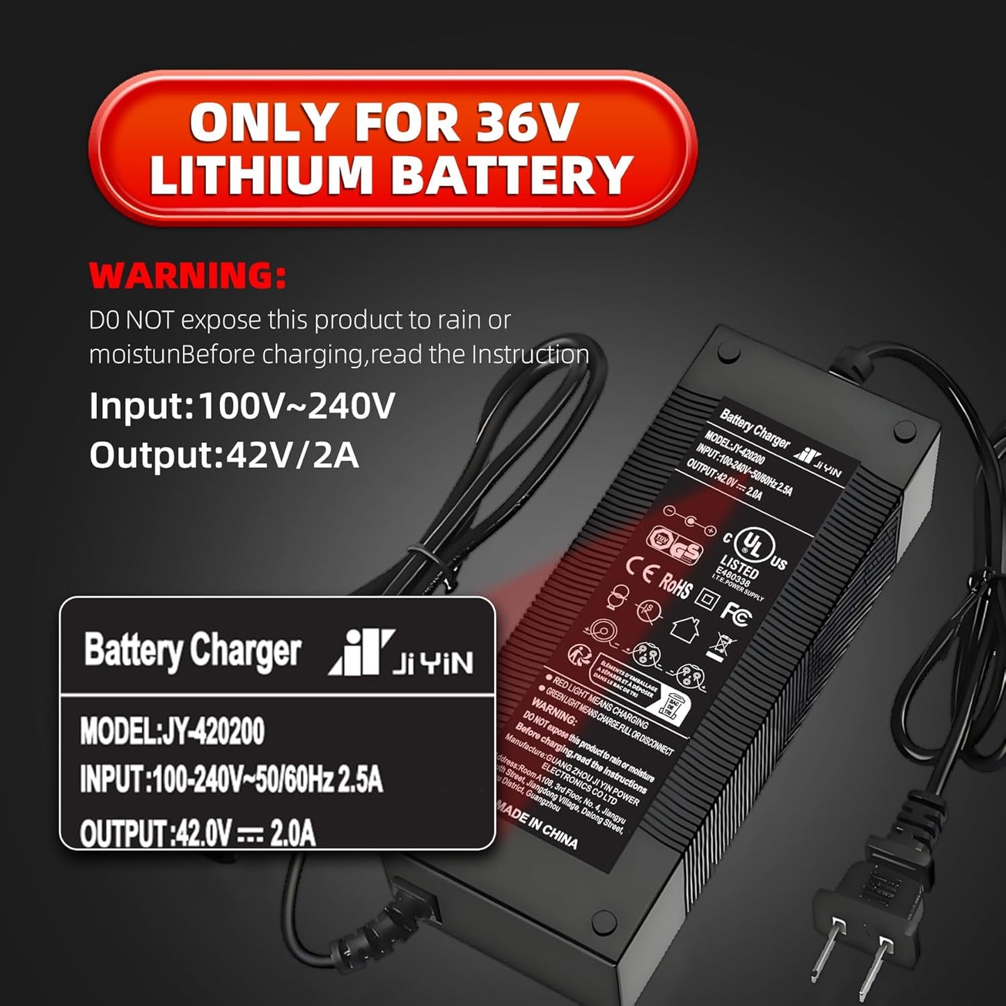 UL Listed 42V 2A Electric Scooter Charger - Compatible 36V Hoverboard Charger with 5 Plugs