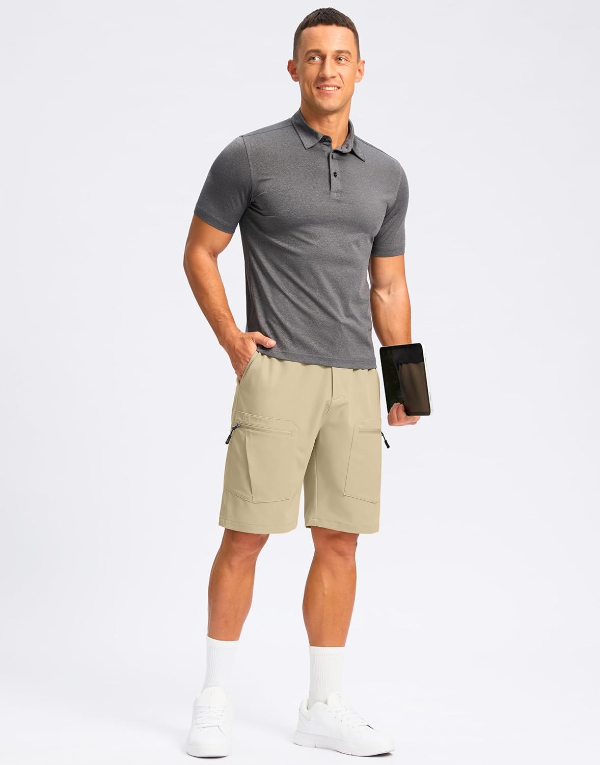 Pudolla Men's Hiking Cargo Shorts - Lightweight 9" Stretch Travel Shorts with 5 Pockets