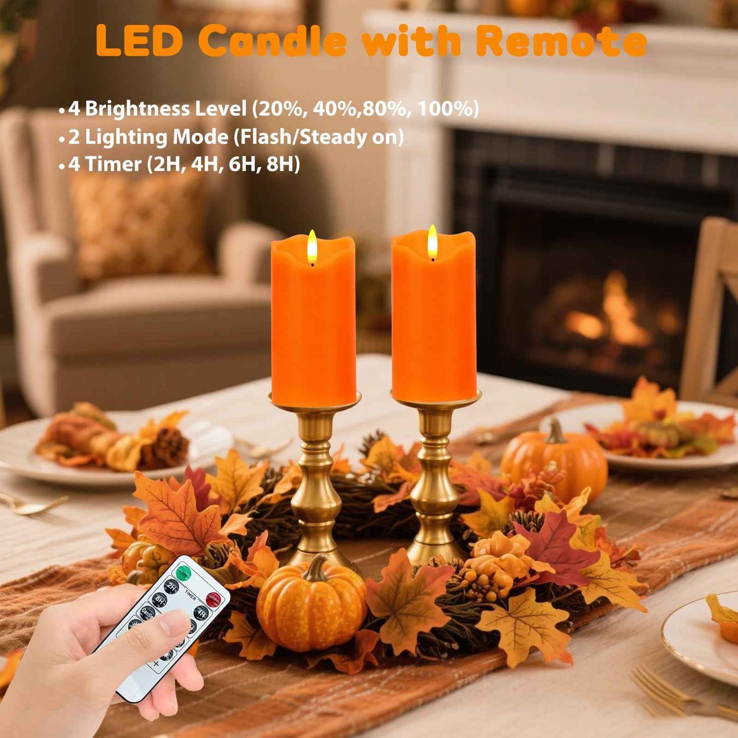 VEEKI Flameless Candles Light, Set of 2 6"x3" Flickering Fall LED Candles with Remote & Timer, Dimmable Pillar Candles Battery Operated, Orange Candles for Fall Halloween Thanksgiving Decor (Orange)