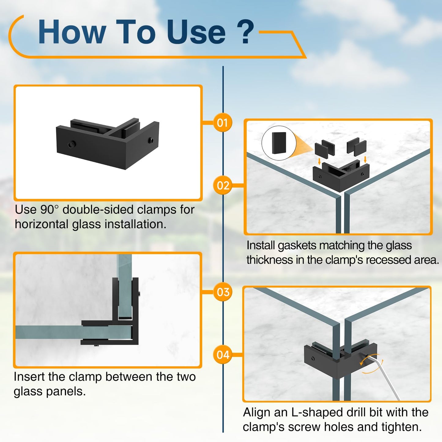 Gyykzz 8 Pack Black 90 Degree Railing Glass to Glass Clamp No Drilled Required, T304 Railing Clip Fit for 3/8"-1/2"(10mm-13mm) Thinkness Balustrade, Double Sided Bracket Holder for Fence, Balcony Deck