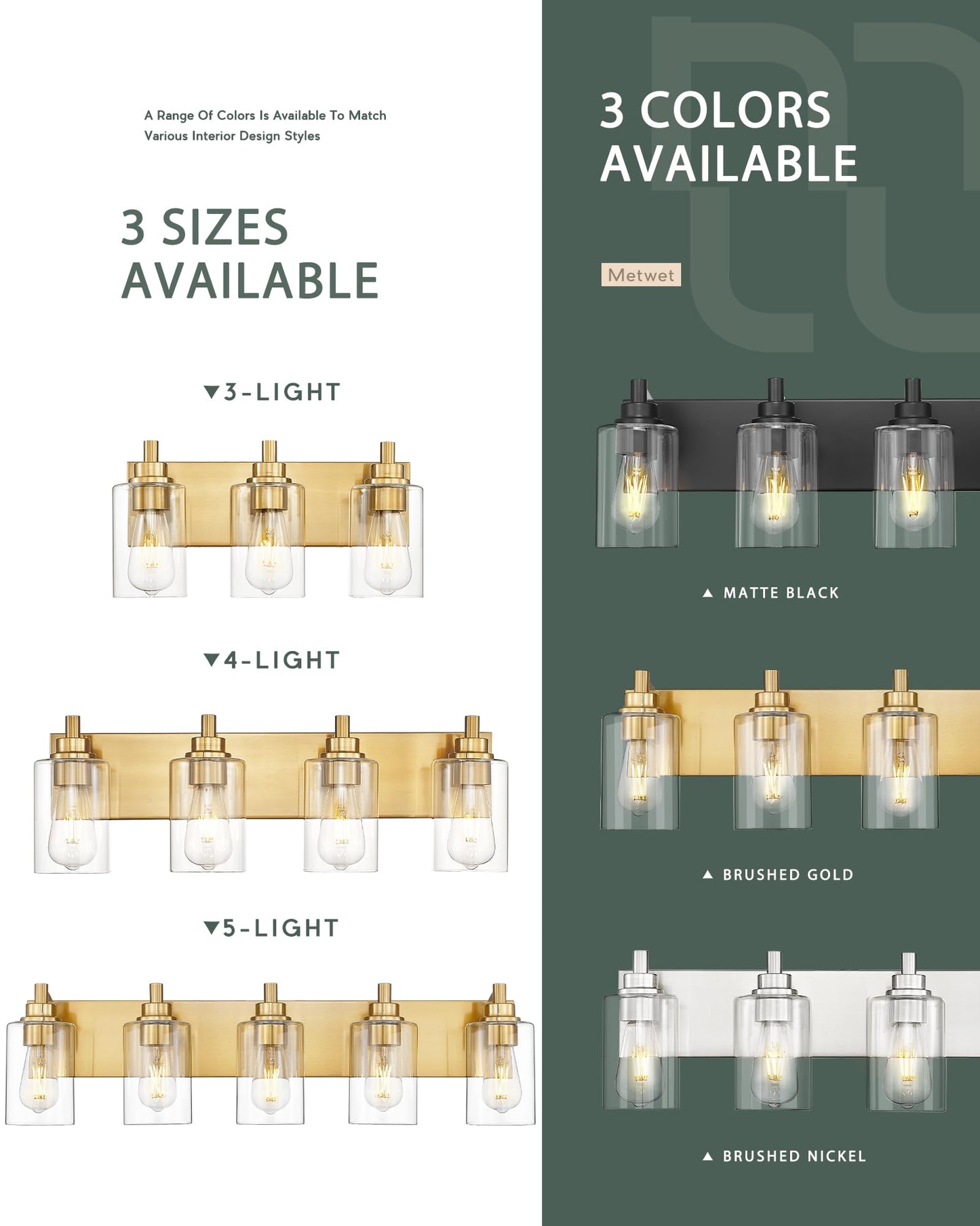 METWET 3-Light Bathroom Light Fixtures, Brushed Gold Vanity Light with Cylinder Clear Glass Shade, Modern Vanity Lighting Fixtures Over Mirror, VL143-BG-3