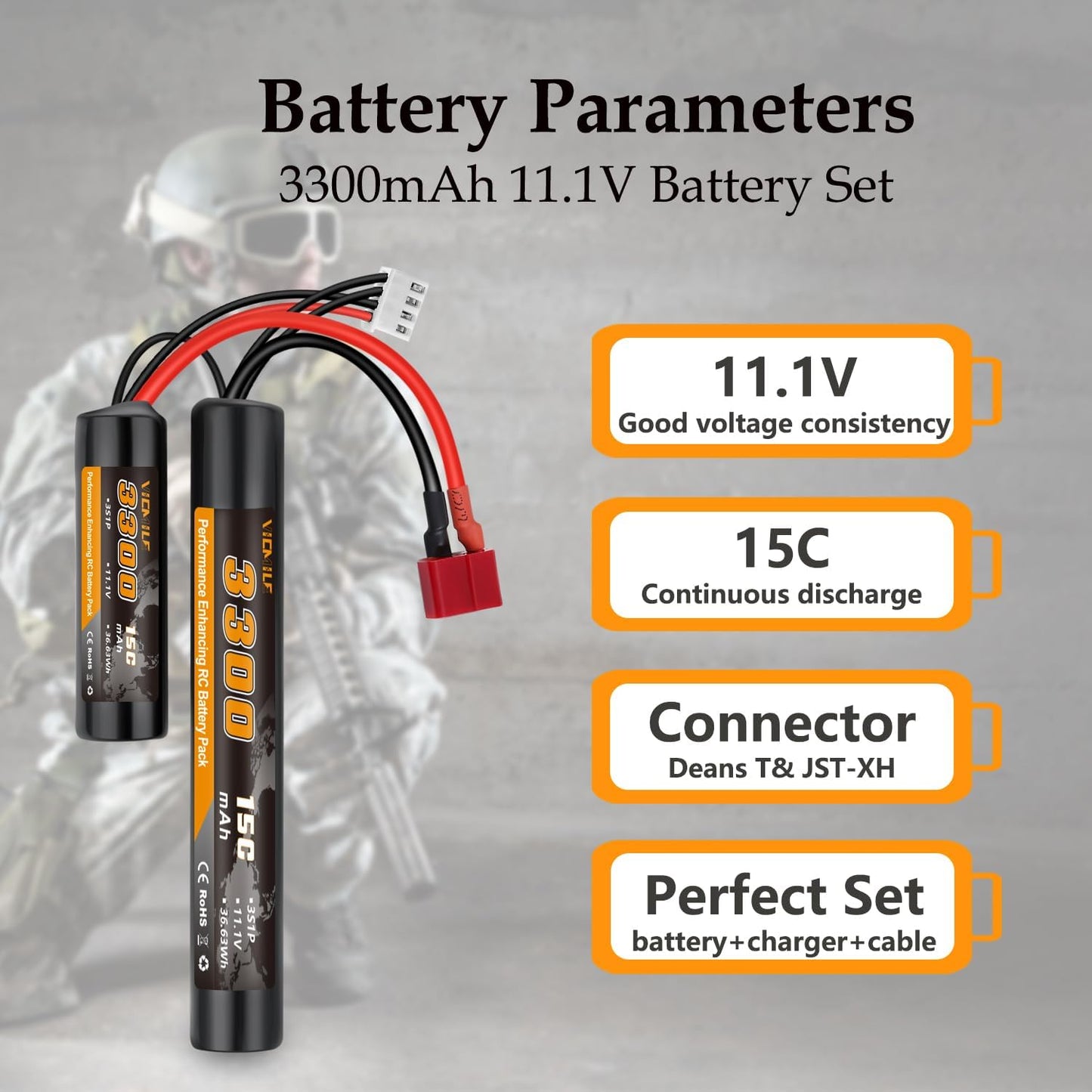 3300mAh Airsoft Battery by [Brand Name] - 11.1V Nunchuck Rechargeable Battery with Dean T Plug | Fits AK47, M4, MP5