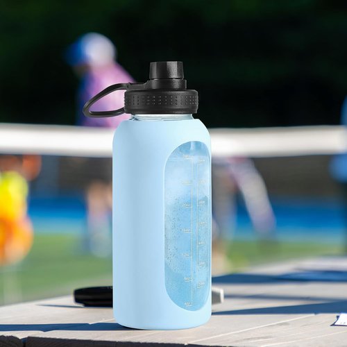EALGRO 64 oz Glass Water Bottle - Motivational Sports Jug with Straw & Handle | Sage Color, Time Marker