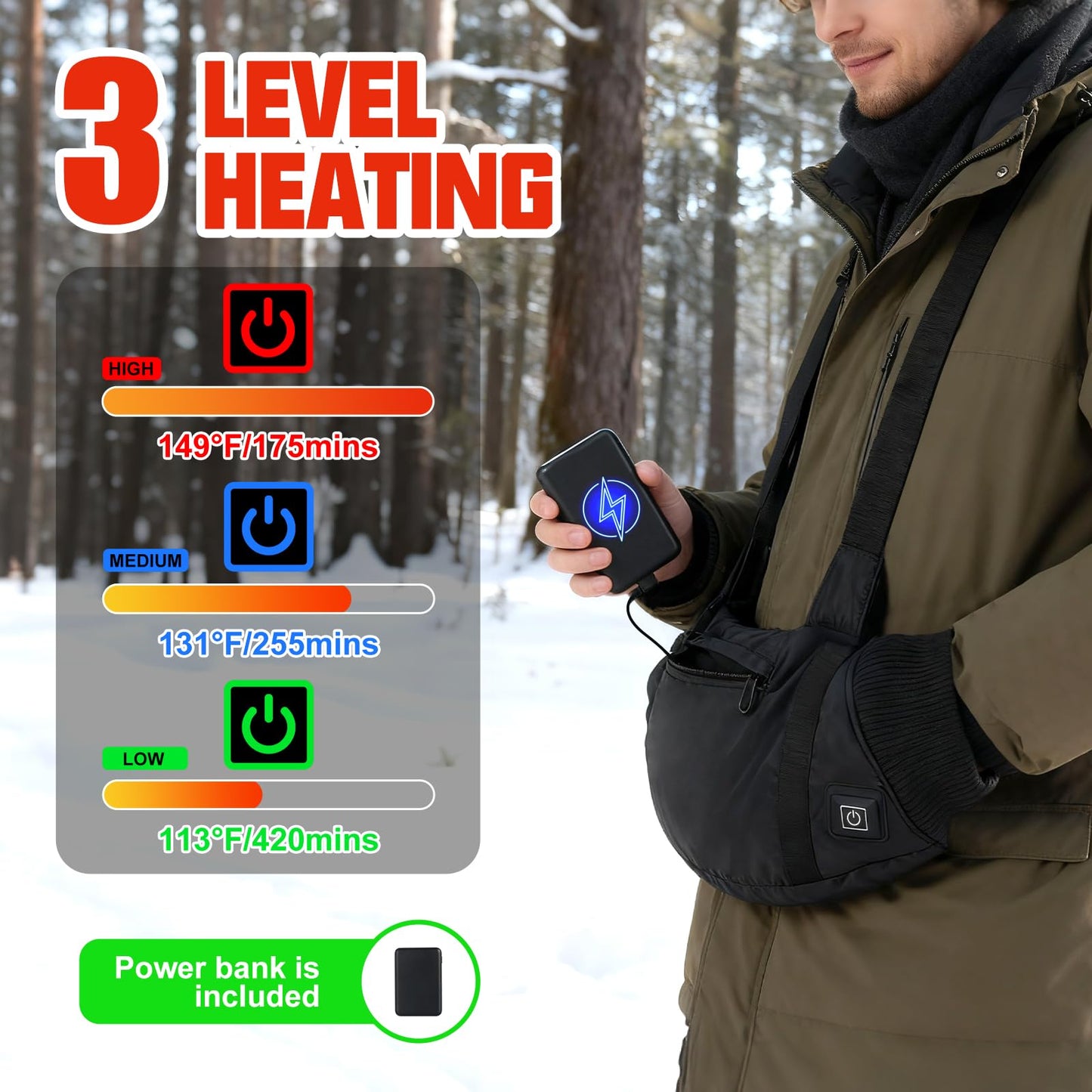 Heated Hand Warmers Pouch 10000mAh Electric Heated Hand Muff with 3-Level Heat Setting, Rechargeable Power Bank, Adjustable Strap, 2 Pocket for Football, Golf, Hunting, Camping(Includes Power Bank)