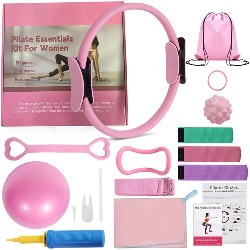 LENGAMPLAY Pilates Ring Set with Resistance Bands– Anti-Slip Magic Circle Pilates Ring for Home Workouts, Full-Body Toning, Strength Training for Women 14PCS