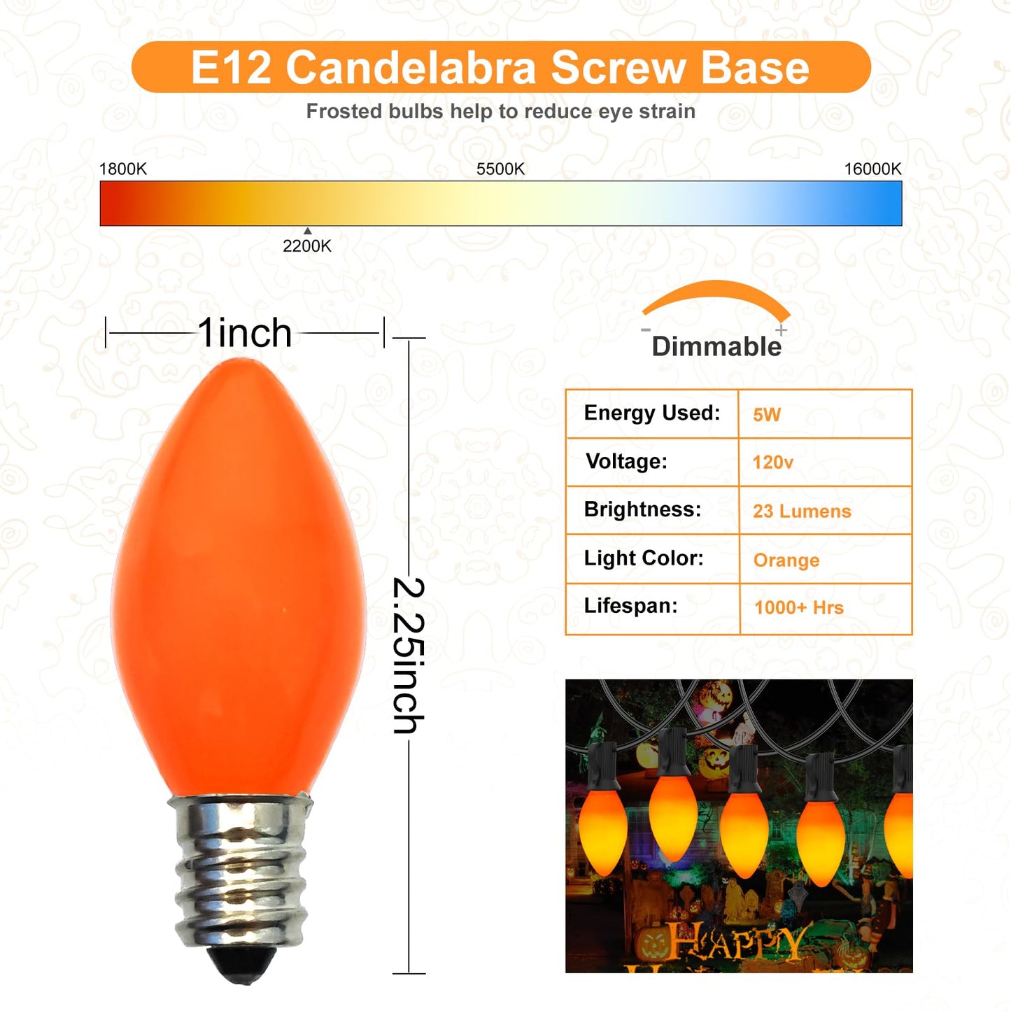 Romasaty 25 Pack C7 Ceramic Orange Light Bulbs, C7 Halloween Replacement Bulbs for Indoor Outdoor Halloween String Lights (E12/C7 Candelabra Base Sockets), 5W