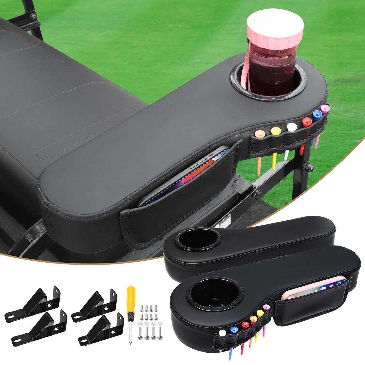 LEAPGOMAX No Drilling Golf Cart Armrest with Cup Holder Phone Bag Golf Tree Holder for Rear Seat, Triangle Support Frame Fits 1" Side Square Tube EZGO Club Car DS Precedent Yamaha Golf Carts Arm Rest