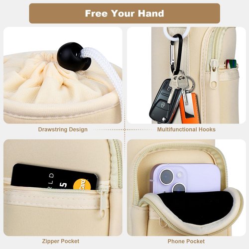 Bstge Water Bottle Holder with Strap, Water Bottle Carrier Bag with Phone Pocket, Shoulder Hand Strap Insulated Neoprene 32 oz Water Bottle Sleeve for Walking Hiking Camping Gym(white)