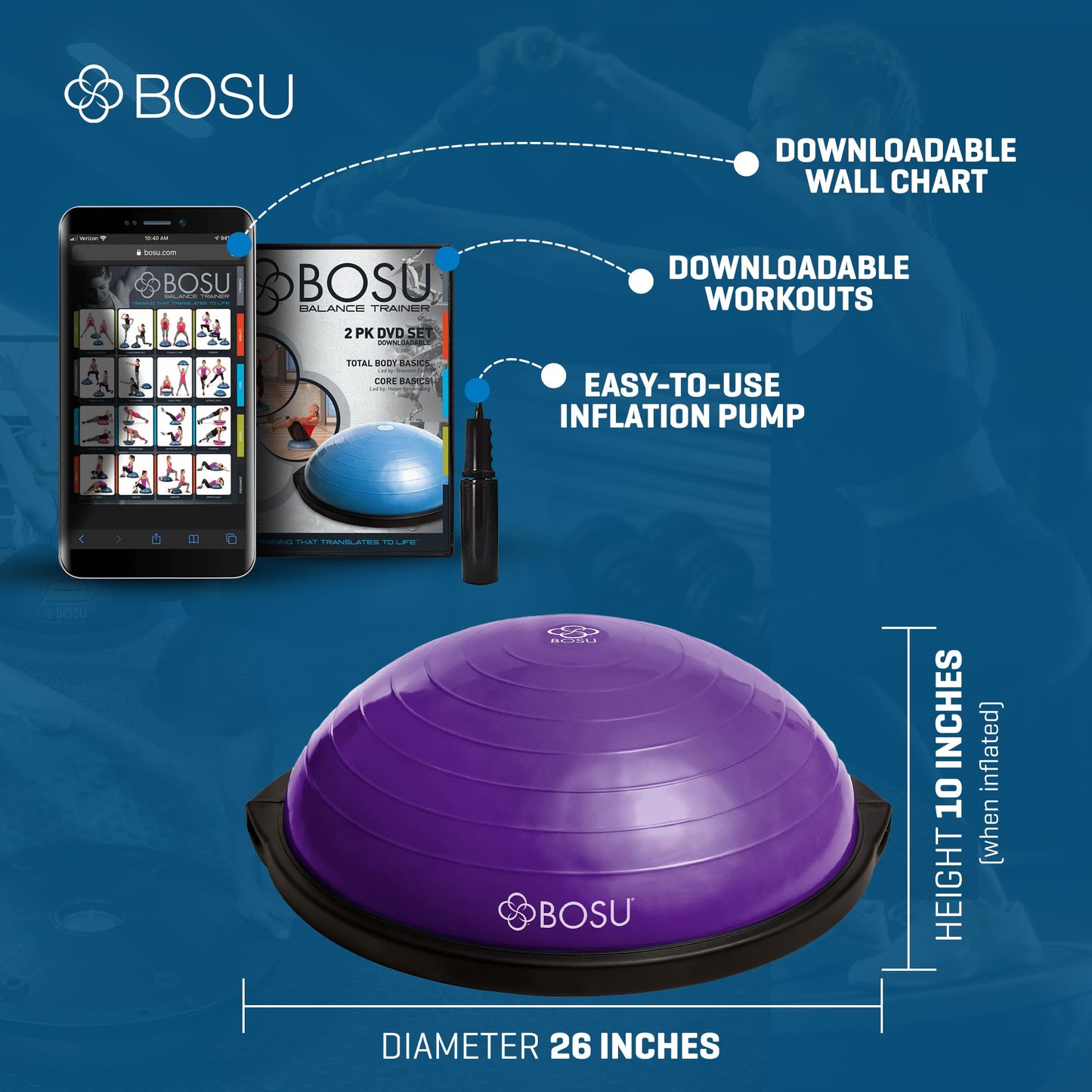 Bosu Pro Balance Board Strength Trainer Ball, Equipment for Home Gym, 26 Inch, Purple