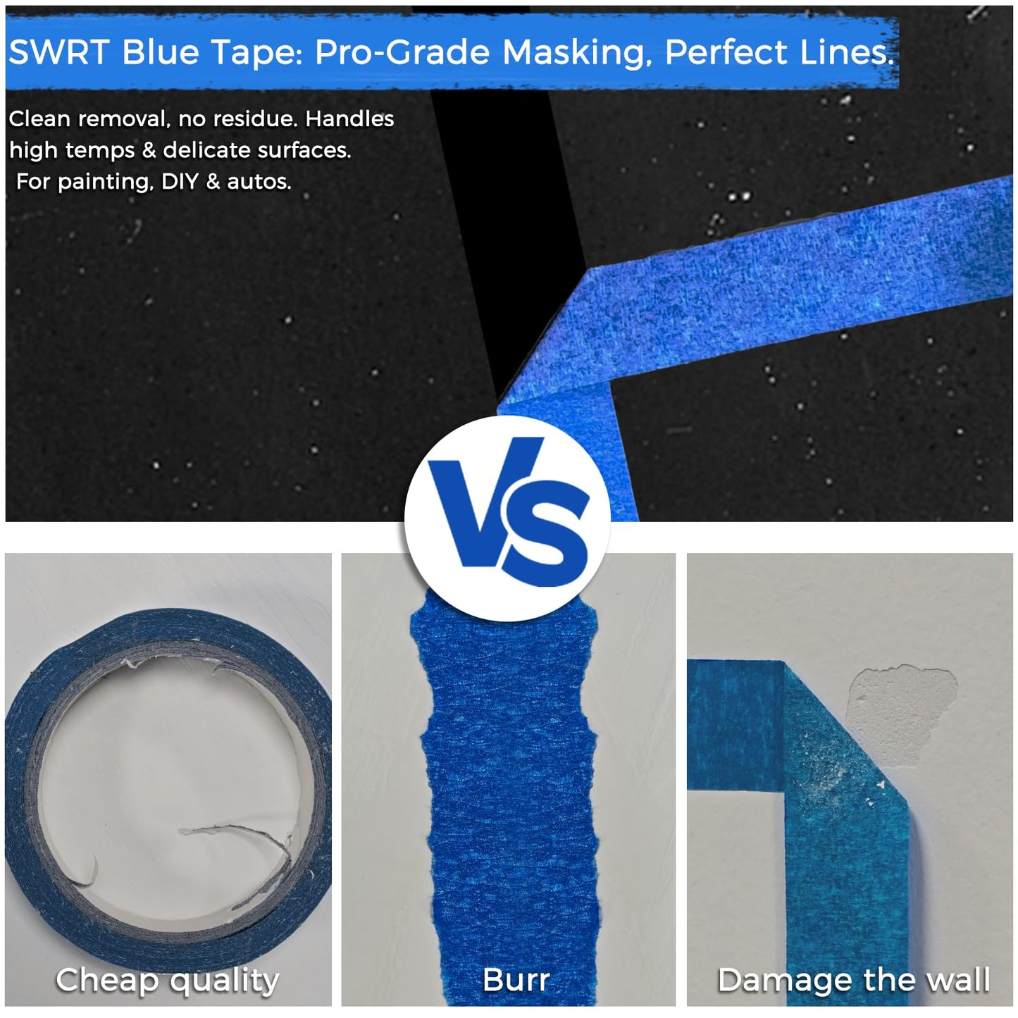 SWRT 1 Inch x 55 Yards x 12 Rolls (660 Total Yards) Premium Blue Painters Tape - Upgraded Adhesive Masking Tape, Paint Tape, Multi-Surface Blue Tape for Painting, No Residue, Easy Removal, Trim