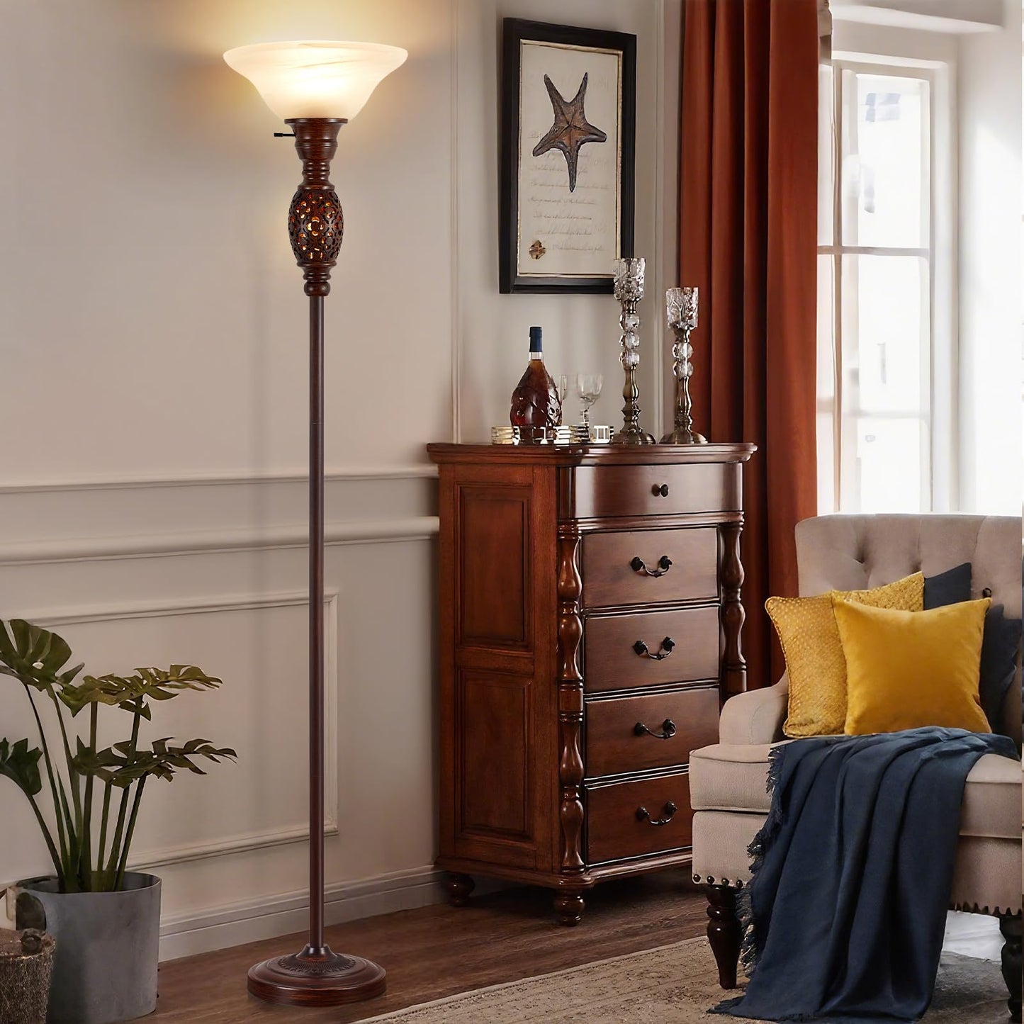 70" Torchiere Floor Lamp with NightLight - Victorian Style Standing Lamp for Living Room, Bedroom, Office - Retro Floor Lamps with Rotary Switch & Etched Glass Shade, Home Decor, Bulb Included